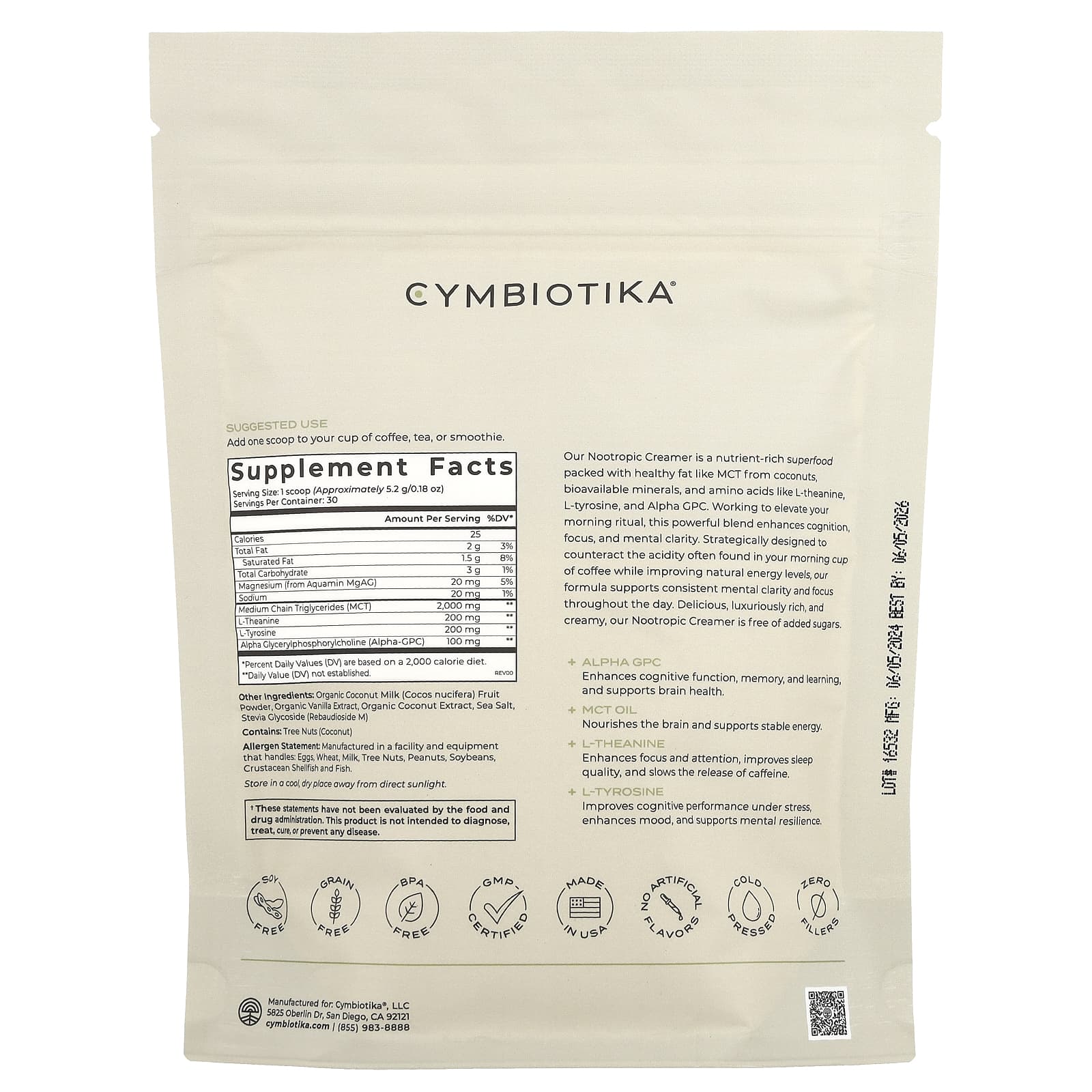 Cymbiotika, Ноотропные сливки, кокос и ваниль, 157 г (0,35 фунта)