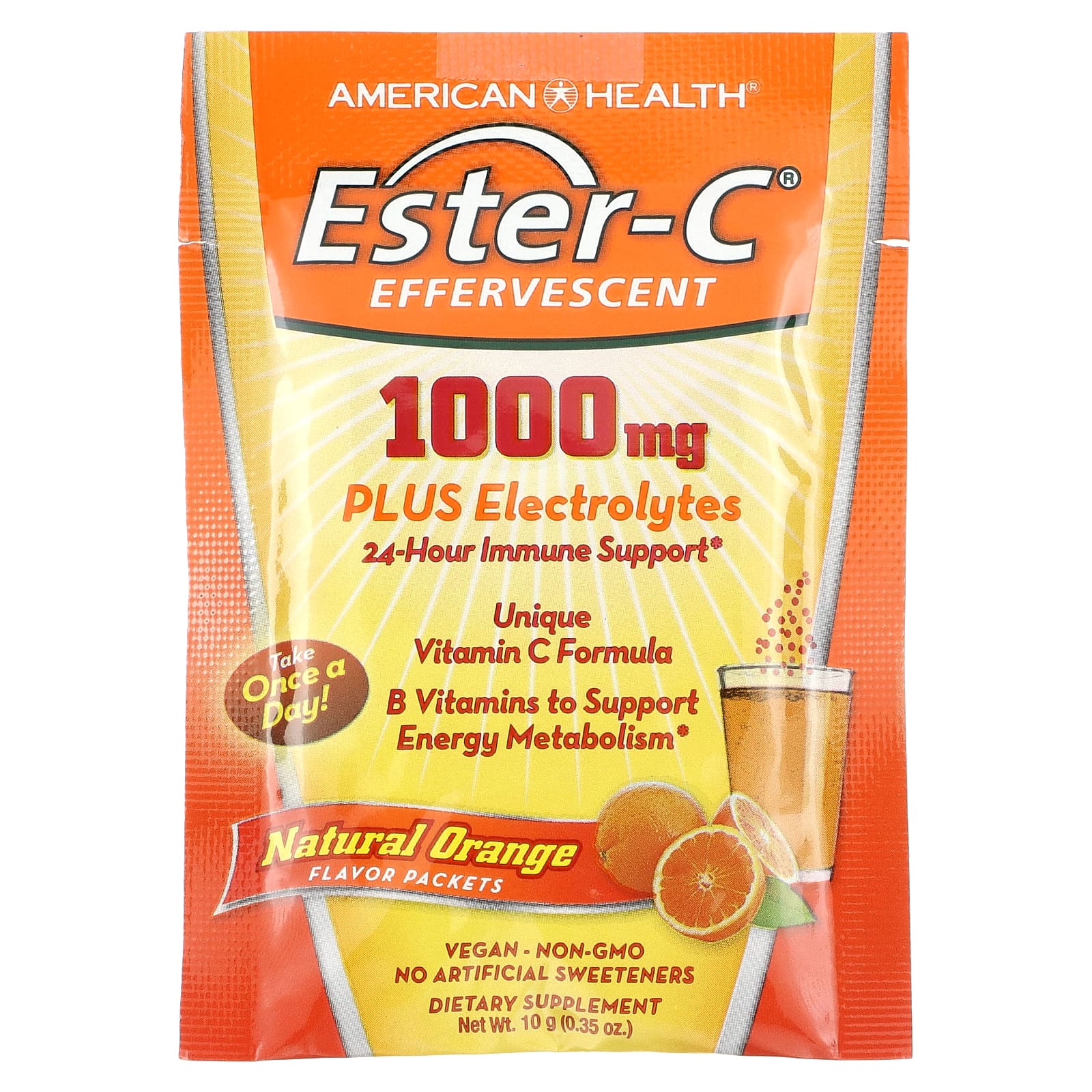 American Health, Ester-C, шипучий вкус, натуральный апельсин, 1000 мг, 21 пакетик по 10 г (0,35 унции)