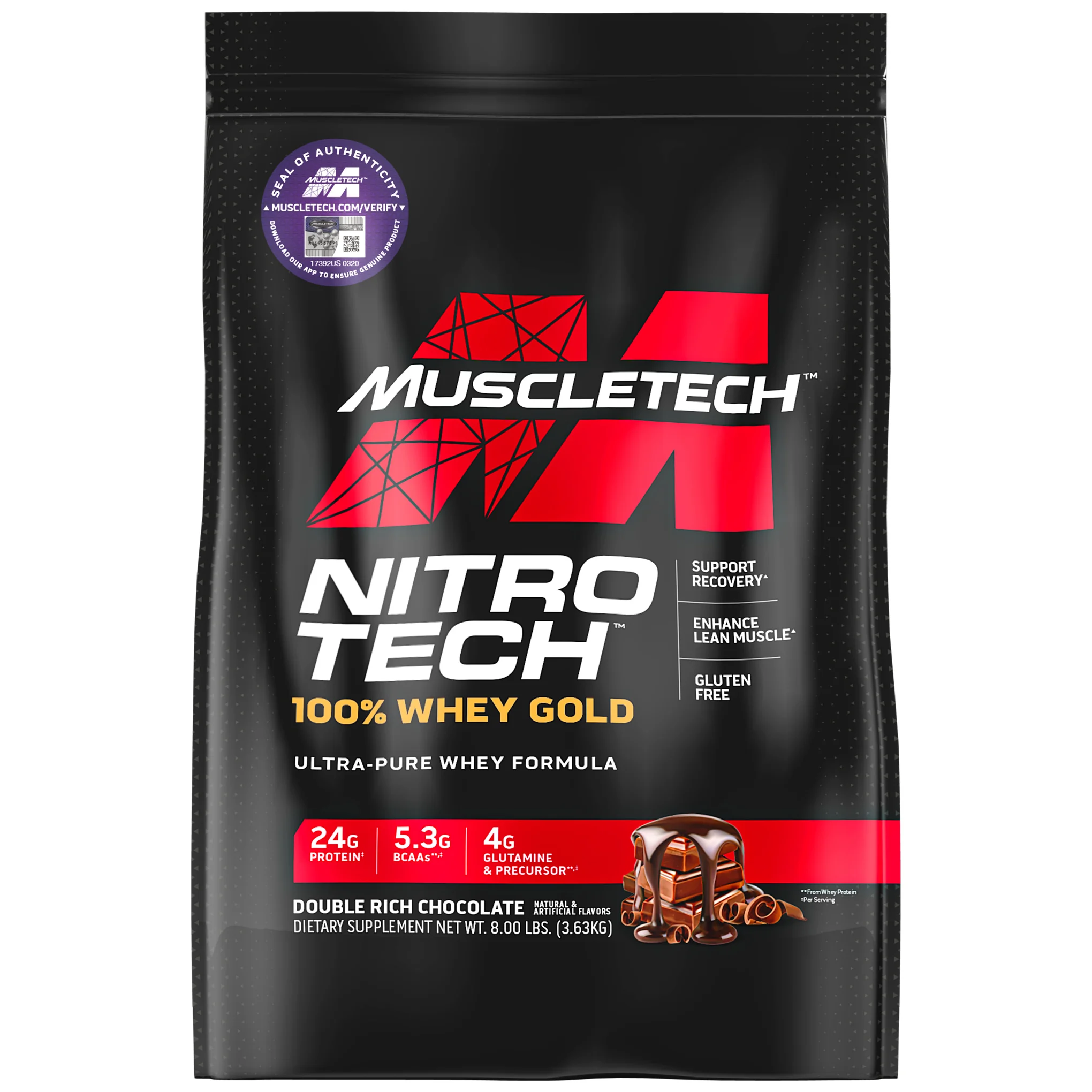MuscleTech, Nitro Tech, 100% Whey Gold, сывороточный белок в порошке, двойной шоколад, 3,63 кг (8 фунтов)