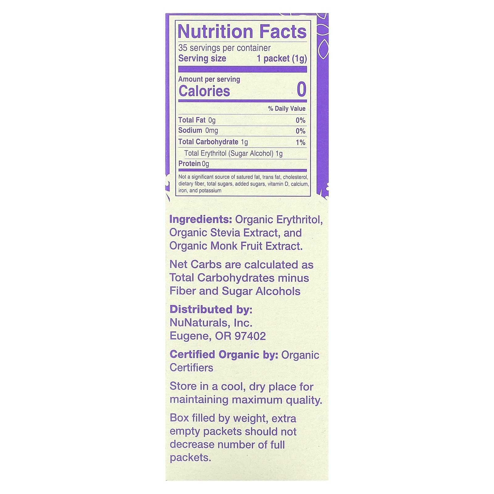 NuNaturals, Органический подсластитель, стевия и архат, 35 пакетиков