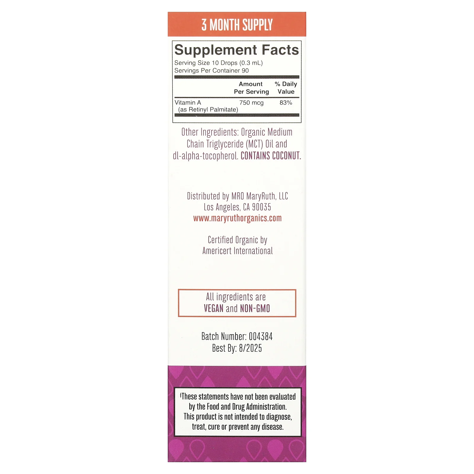 MaryRuth's, органический витамин A в каплях, без добавок, 750 мкг, 30 мл (1 жидк. унция)