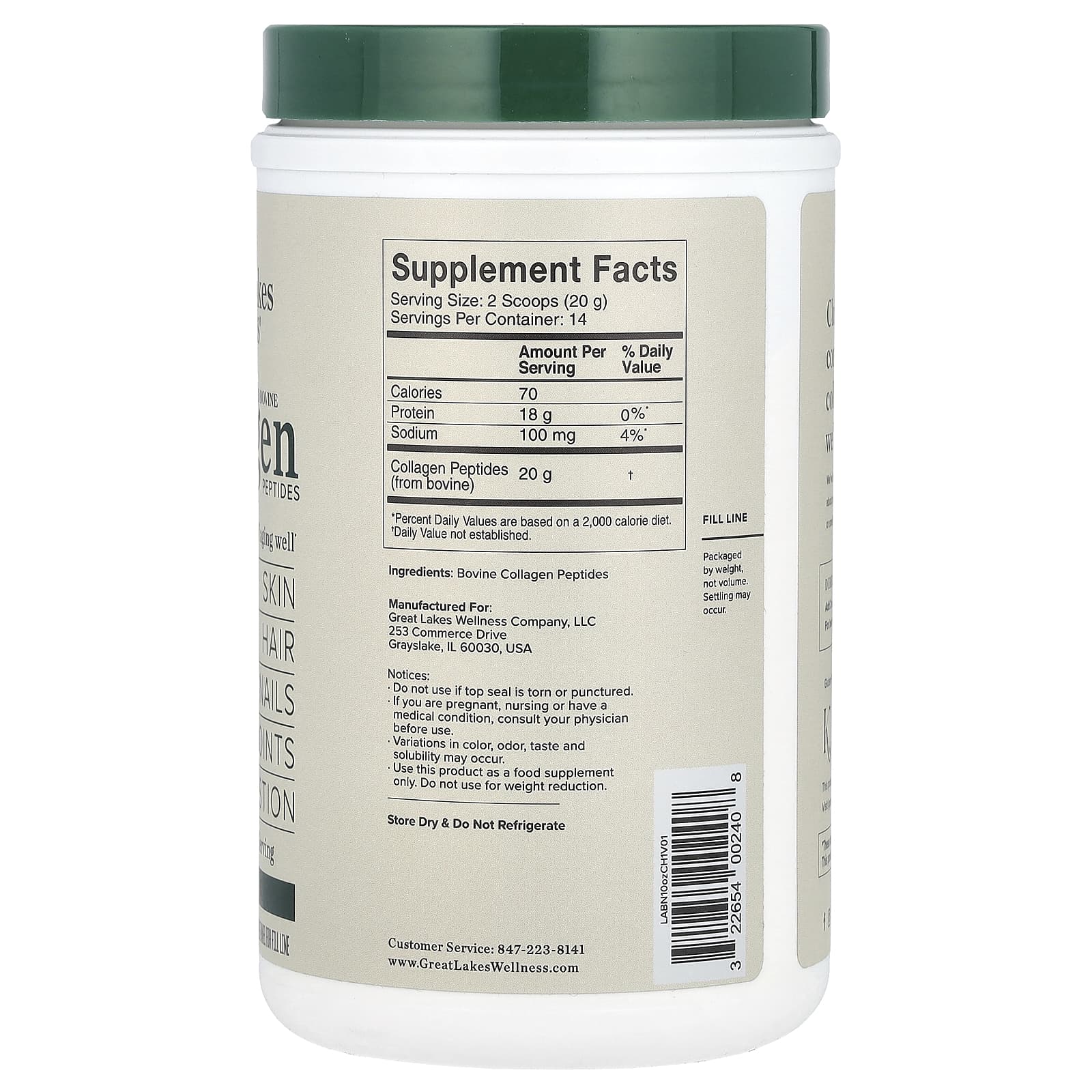 Great Lakes Wellness, Grass-Fed Bovine Collagen Peptides, Unflavored, 10 oz (284 g)