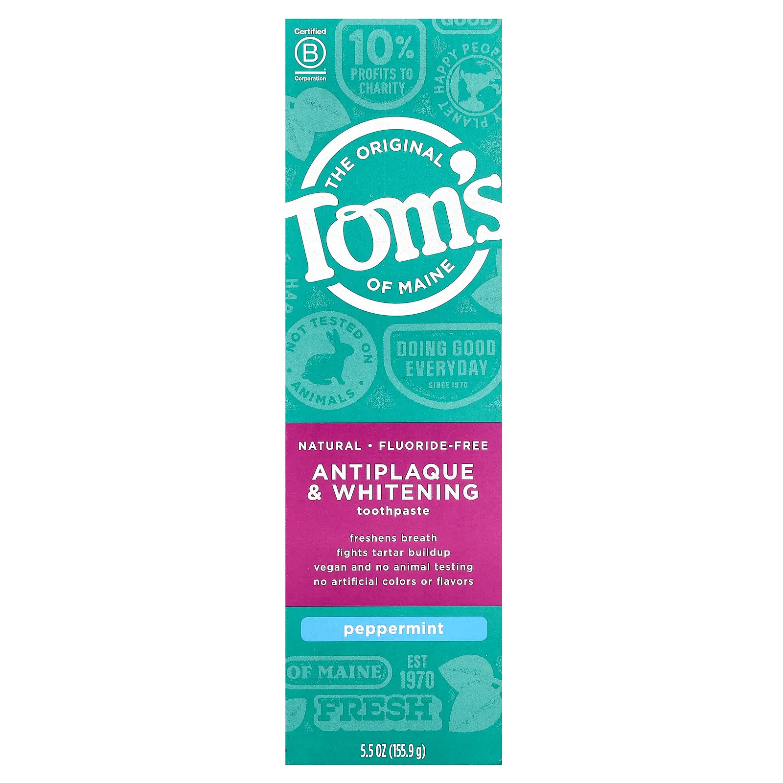 Tom's of Maine, Натуральная отбеливающая зубная паста против зубного налета, без фтора, перечная мята, 155,9 г (5,5 унции)