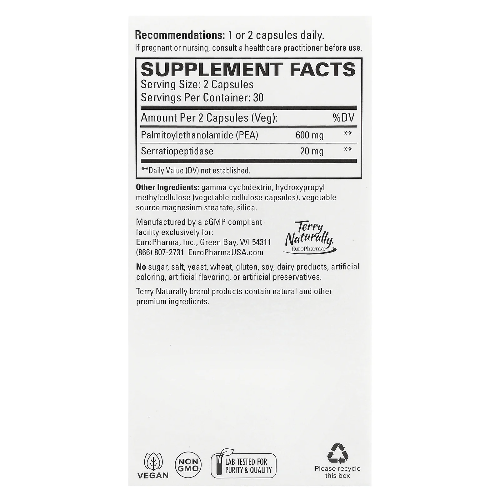 Terry Naturally, ПЭА для здоровой реакции на воспаление с серратиопептидазой, 60 капсул