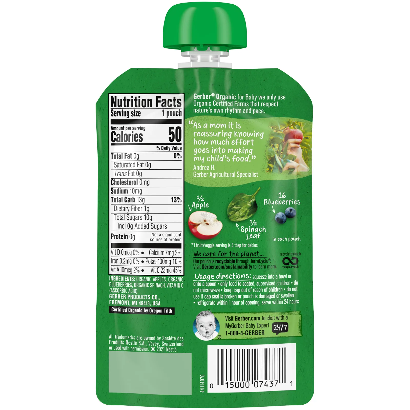 Gerber, Organic for Baby, 2nd Foods, яблоко, голубика и шпинат, 99 г (3,5 унции)