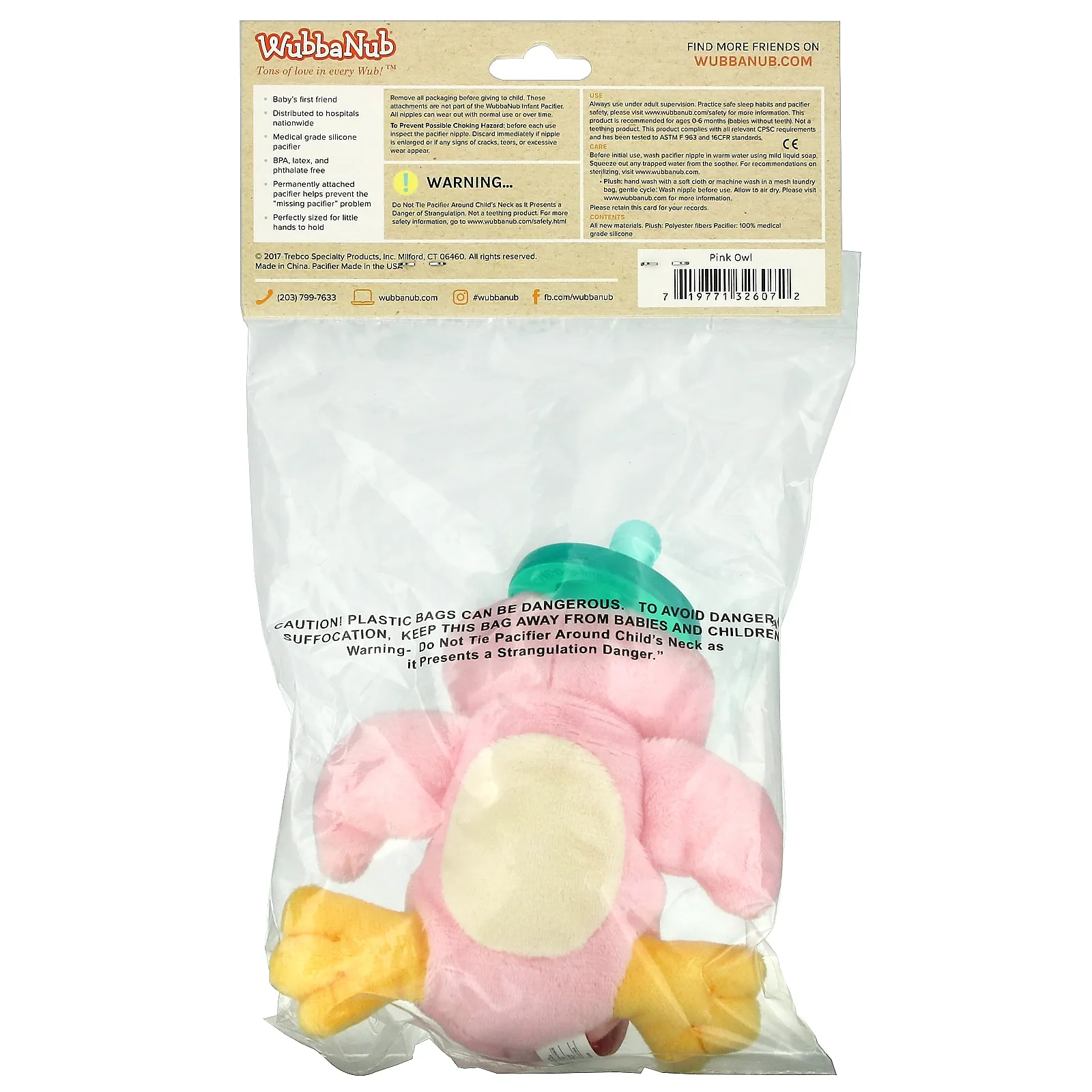 WubbaNub, Соска для младенцев, для детей 0–6 месяцев, Pink Owl, 1 соска
