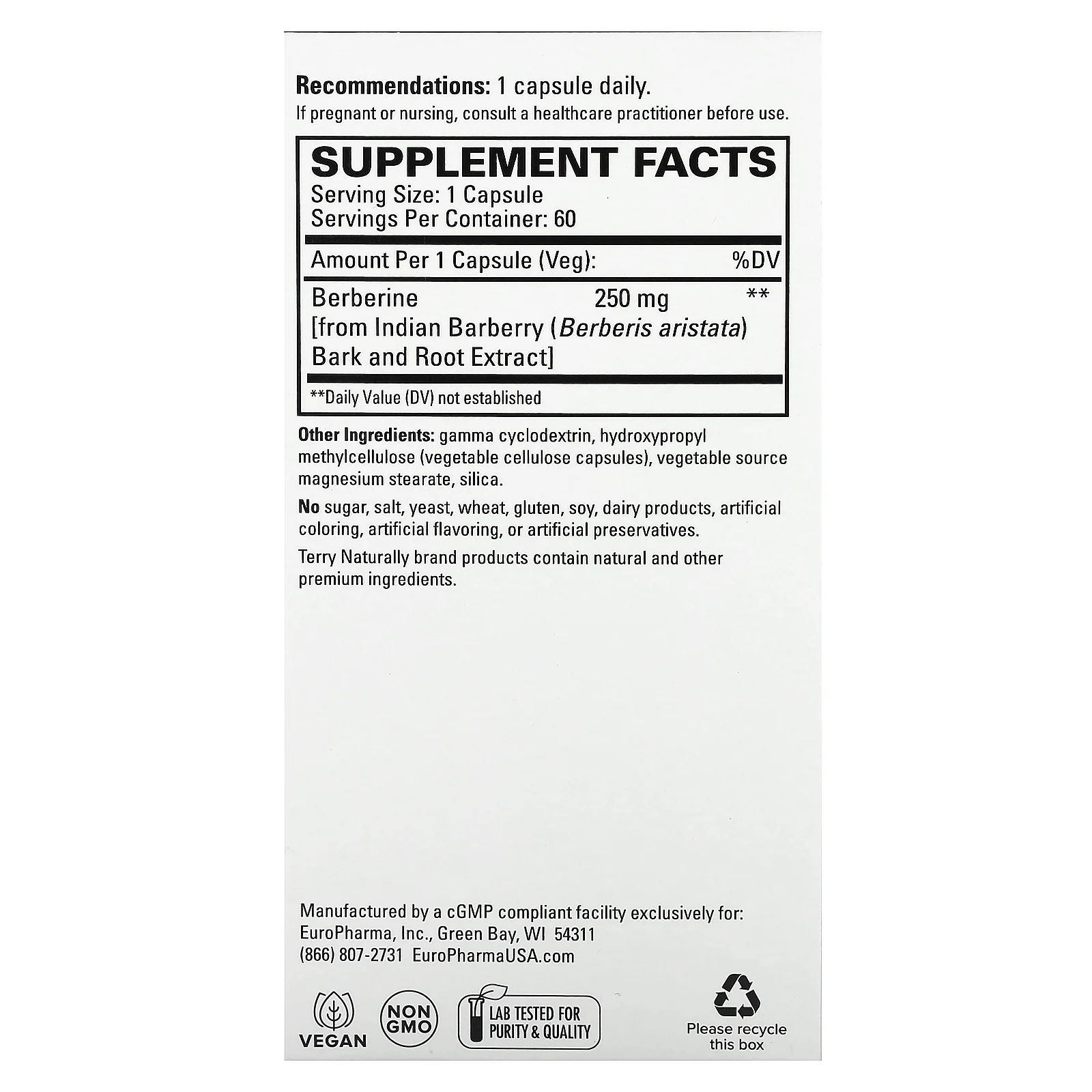 Terry Naturally, берберин MetX, повышенная сила действия, 60 капсул