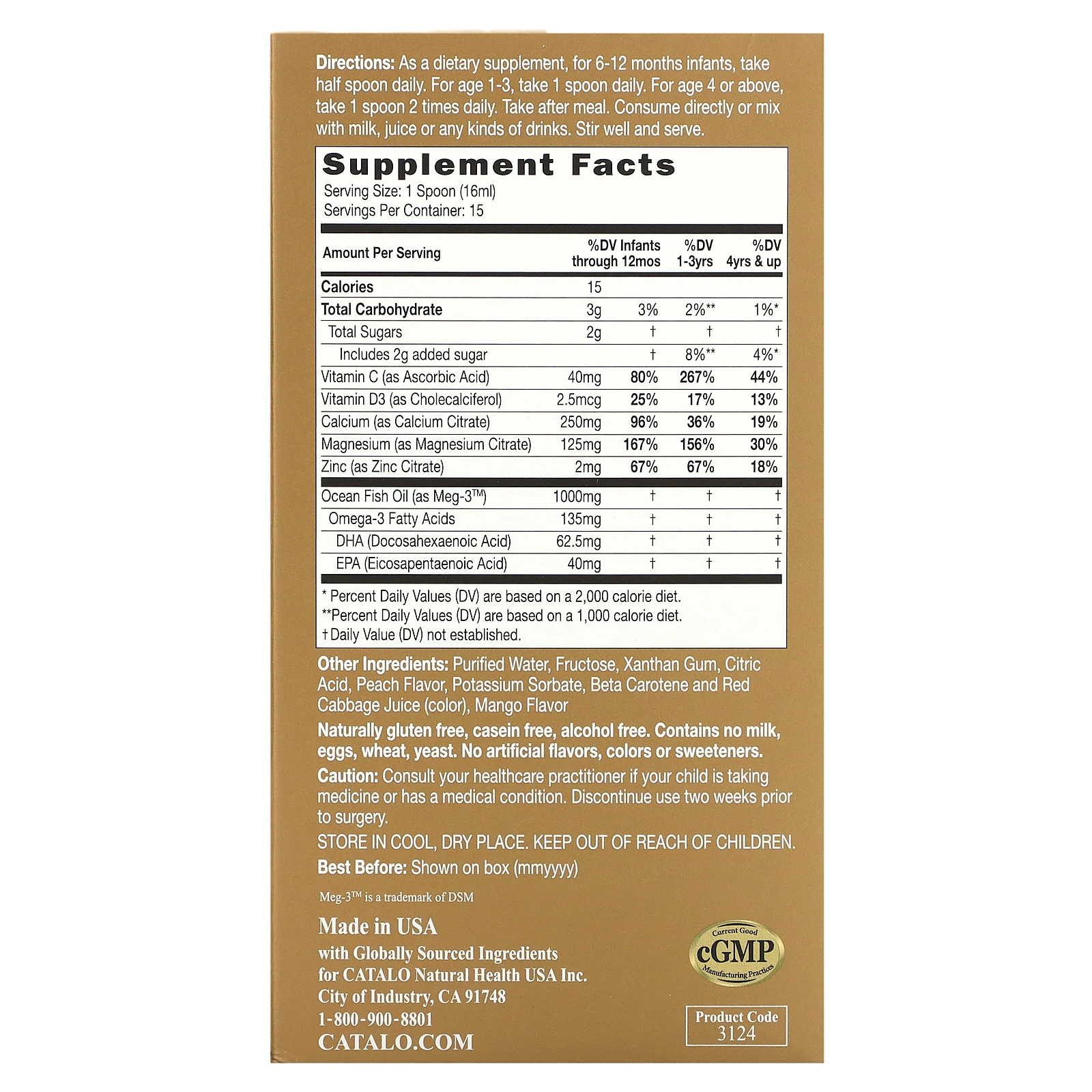 Catalo Naturals, Жидкий кальций ДГК с омега-3, магнием, цинком и витамином D3, персиком и манго, 240 мл (8 жидк. Унций)