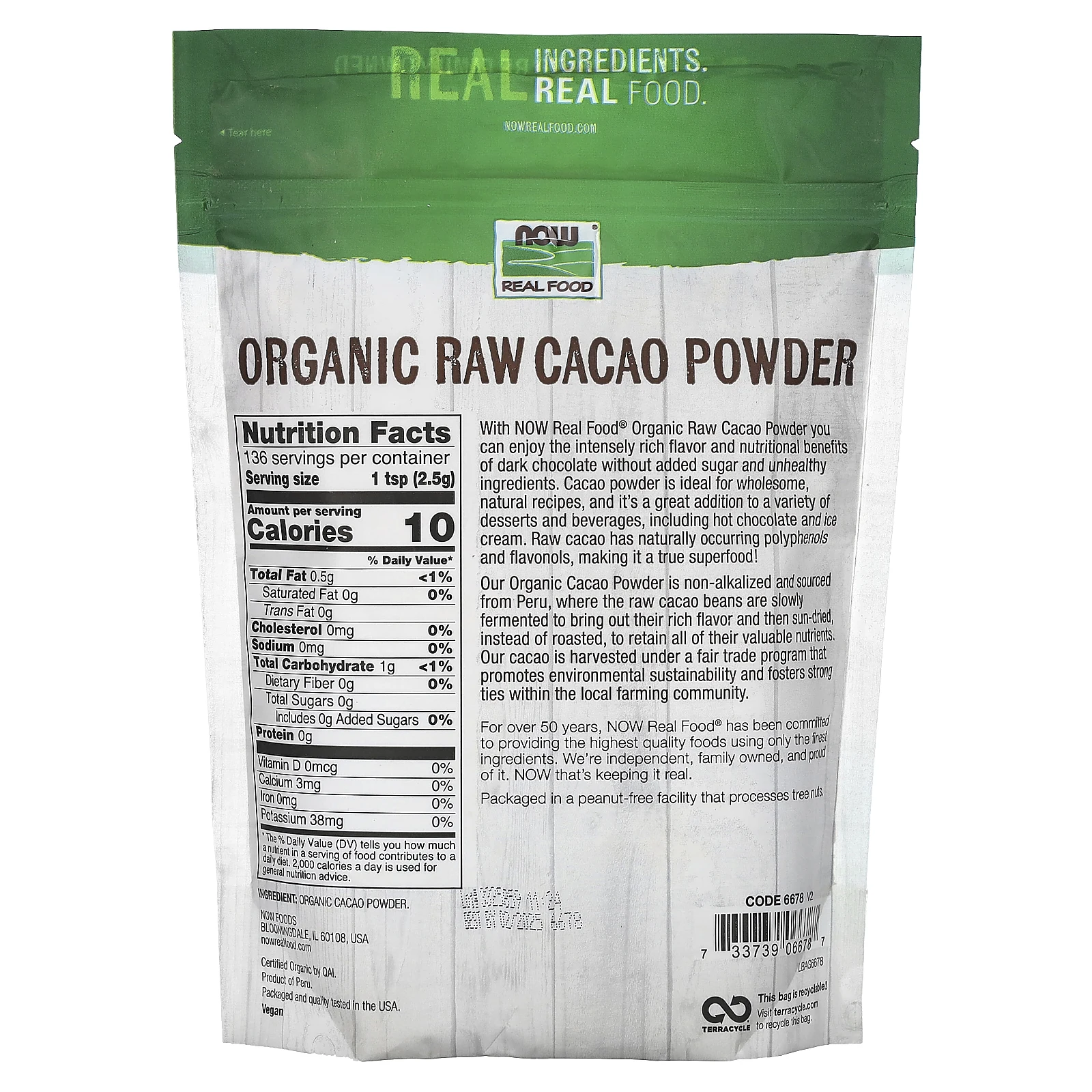 NOW Foods, Real Food, органический необработанный какао-порошок, 340 г (12 унций)