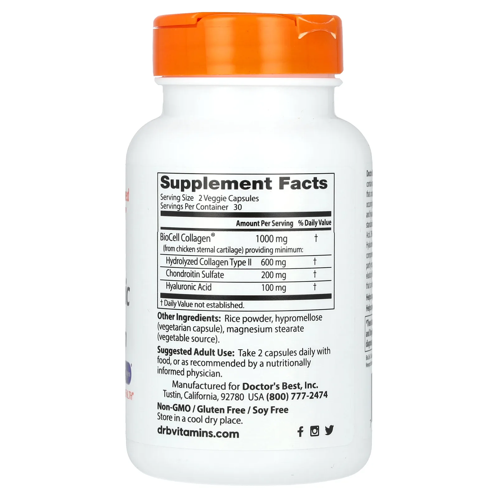 Doctor's Best, BioCell Collagen, гиалуроновая кислота и хондроитинсульфат, 60 вегетарианских капсул