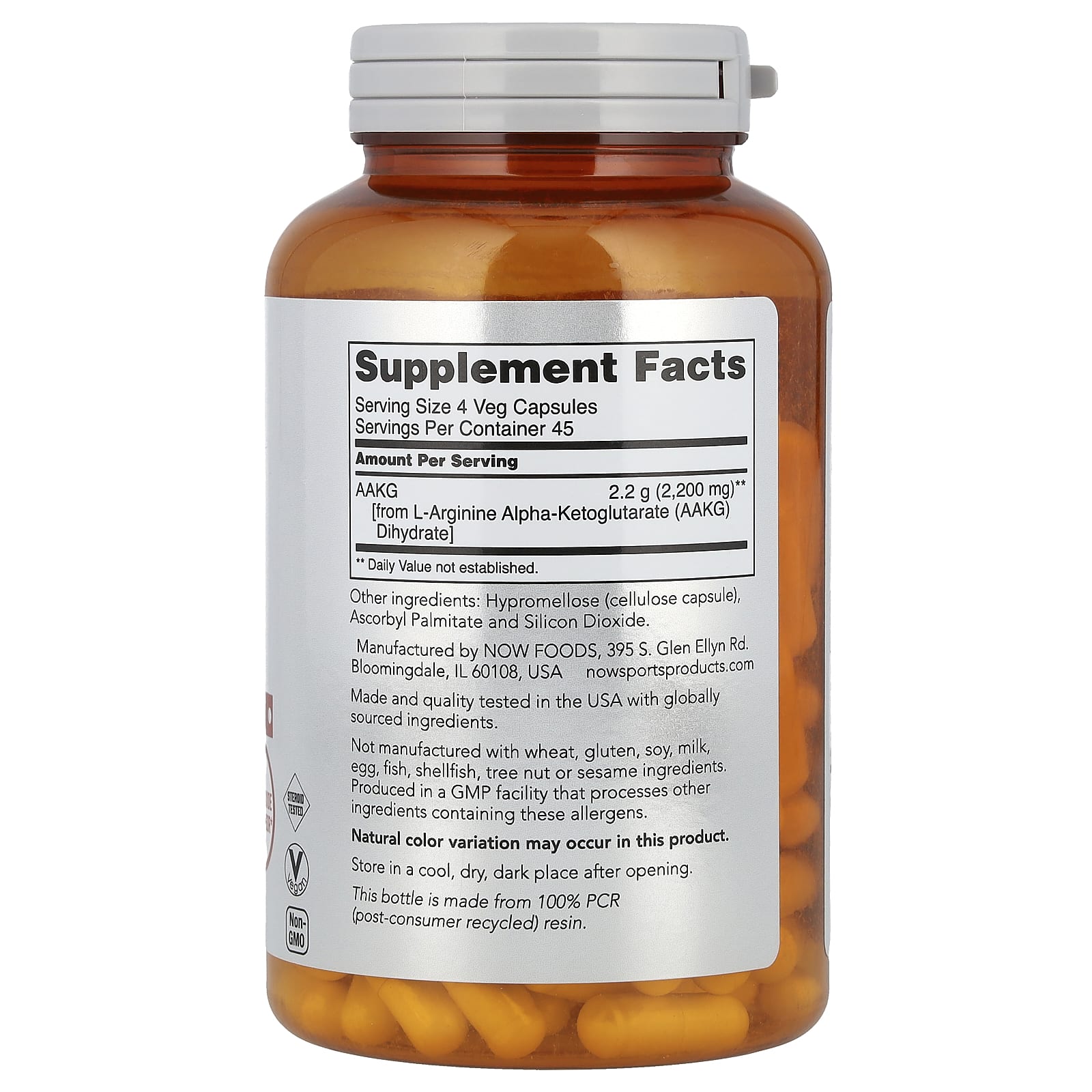 NOW Foods, AAKG 2200, 2200 мг, 180 растительных капсул (550 мг на капсулу)