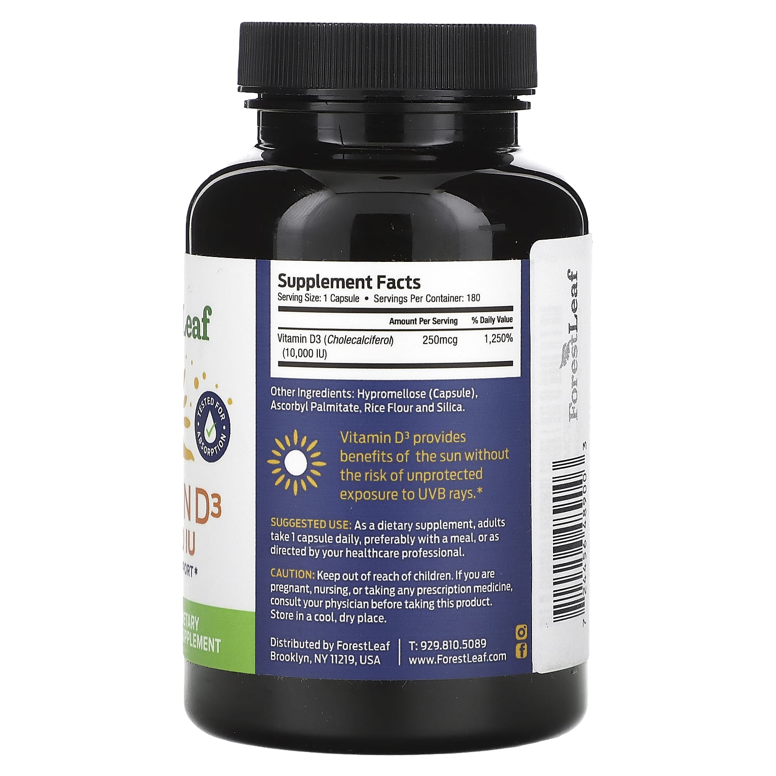 Forest Leaf, Витамин D3, 250 мкг (10 000 МЕ), 180 растительных капсул