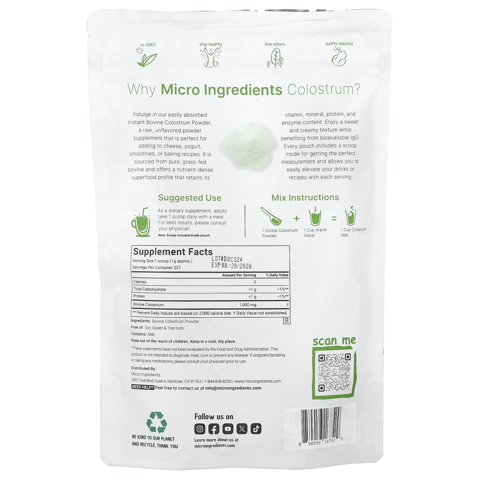 Micro Ingredients, Быстрорастворимое бычье молозиво, без добавок, 227 г (8 унций)