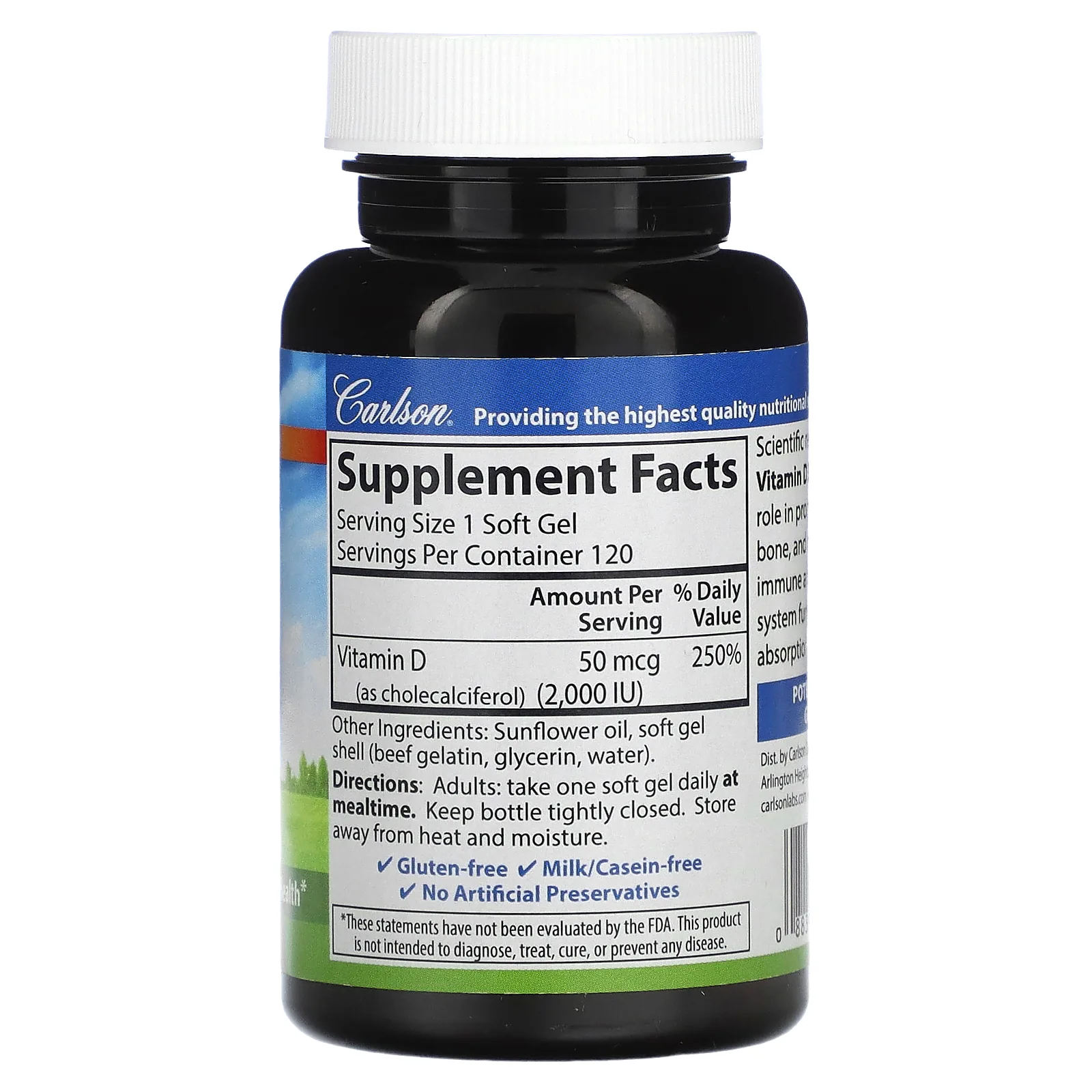 Carlson, Витамин D3, 50 мкг (2000 МЕ), 120 мягких таблеток