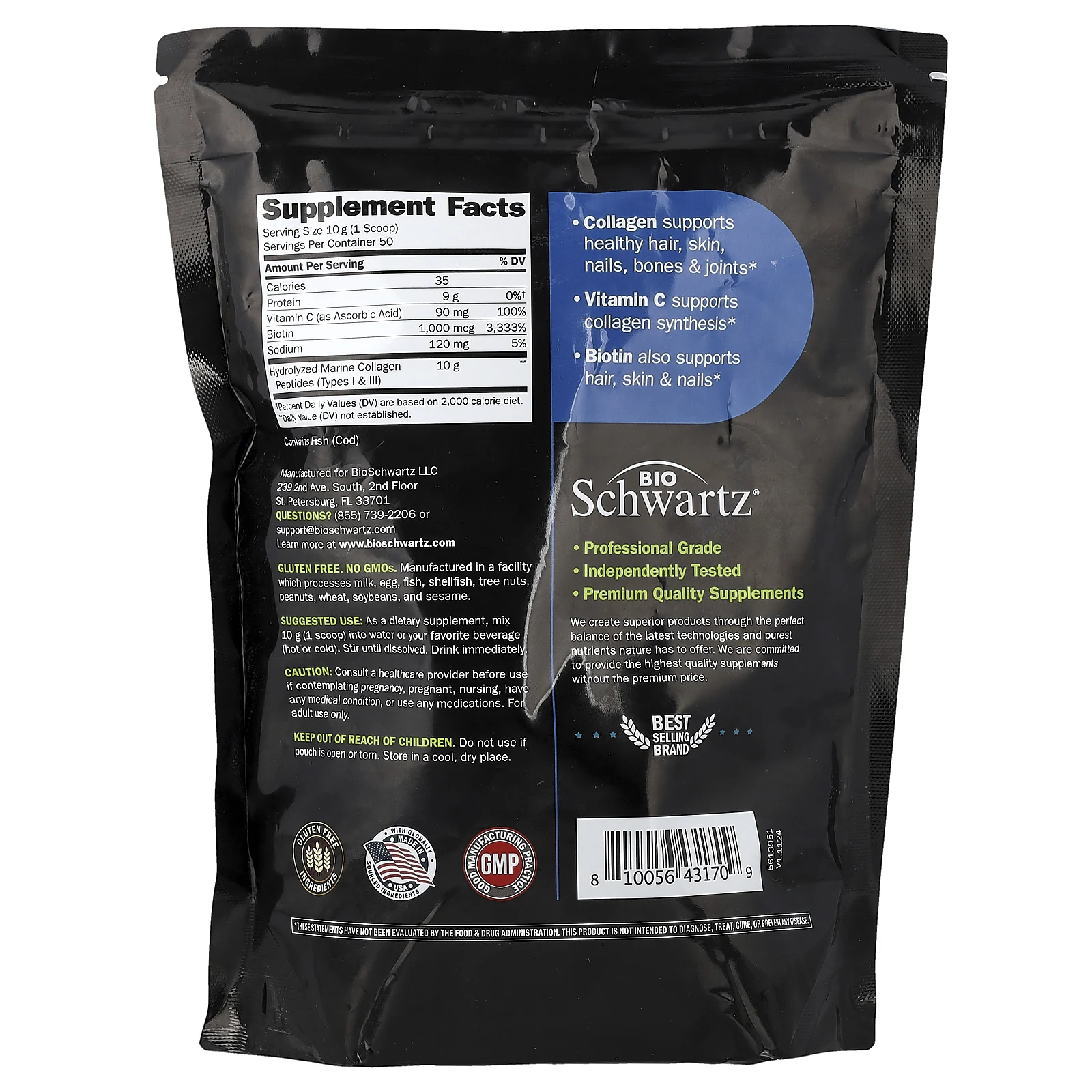 BioSchwartz, порошок из пептидов морского коллагена, типы I и III, с биотином и витамином C, с нейтральным вкусом, 500 г (17,6 унции)