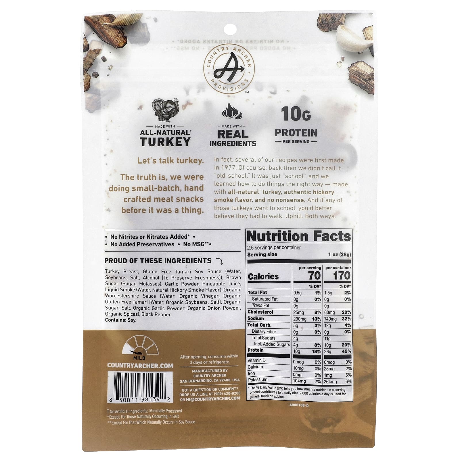 Country Archer Jerky, полностью натуральное вяленое мясо индейки, дым из гикория, 71 г (2,5 унции)