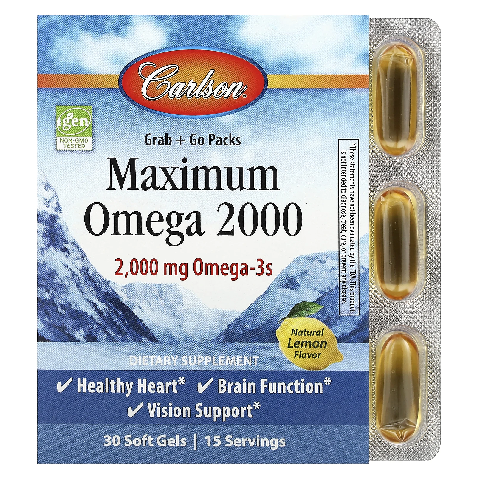 Carlson, Maximum Omega 2000, омега с натуральным лимонным вкусом, 2000 мг, 30 капсул (1000 мг в 1 капсуле)