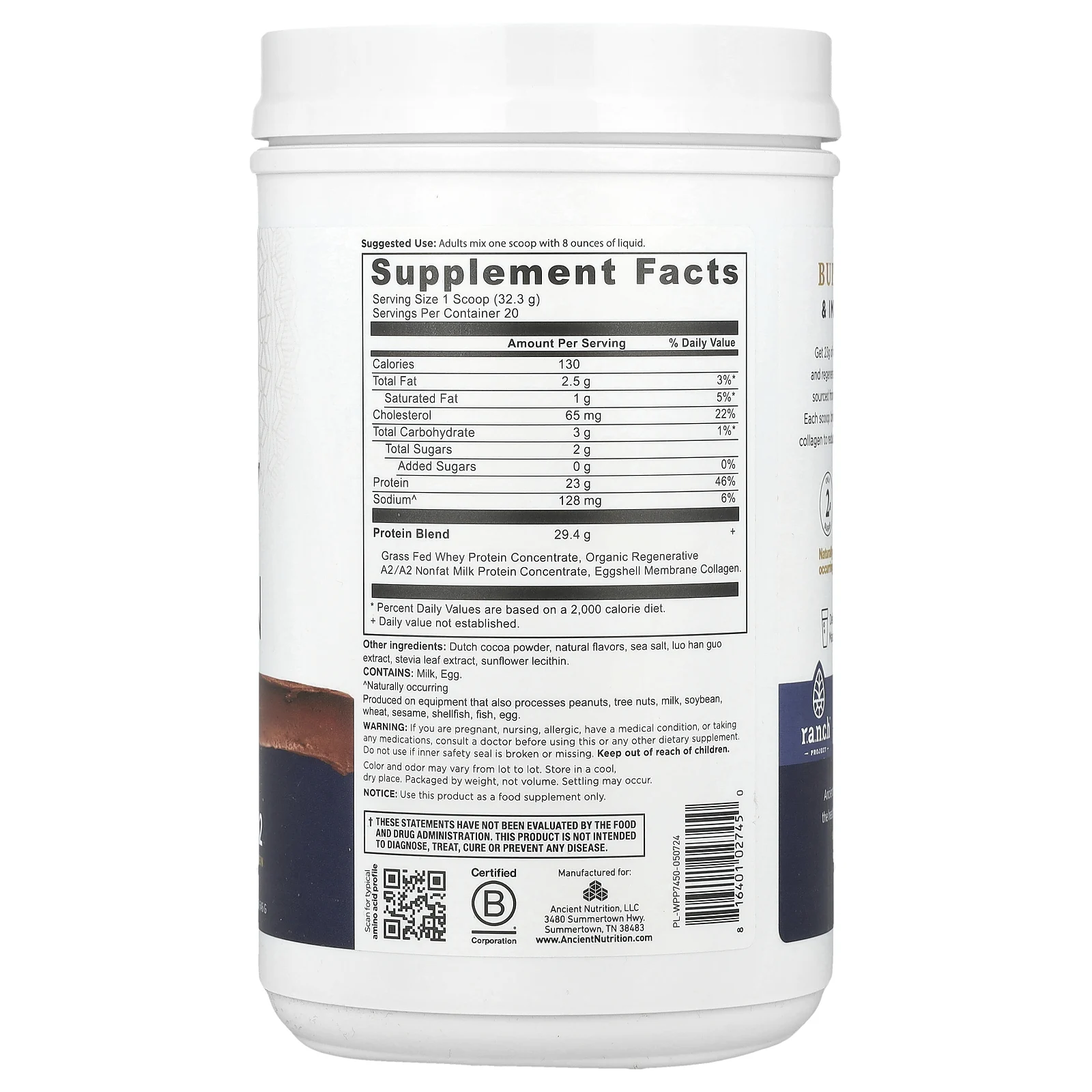 Ancient Nutrition, Сывороточный протеин, молочный шоколад, 646 г (1,42 фунта)