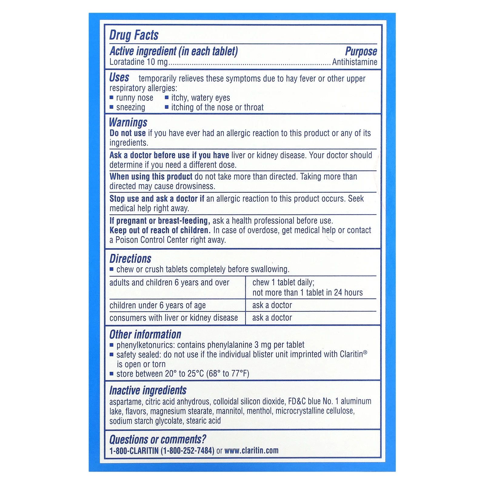 Claritin, Не вызывает сонливости, жевательные таблетки, с прохладной мятой, 10 мг, 24 жевательные таблетки