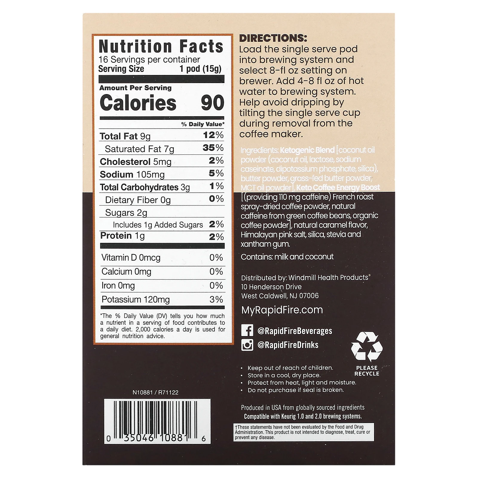 RAPIDFIRE, Keto Coffee Pod, карамель макиато, средней обжарки, 16 капсул, 240 г (8,46 унции)