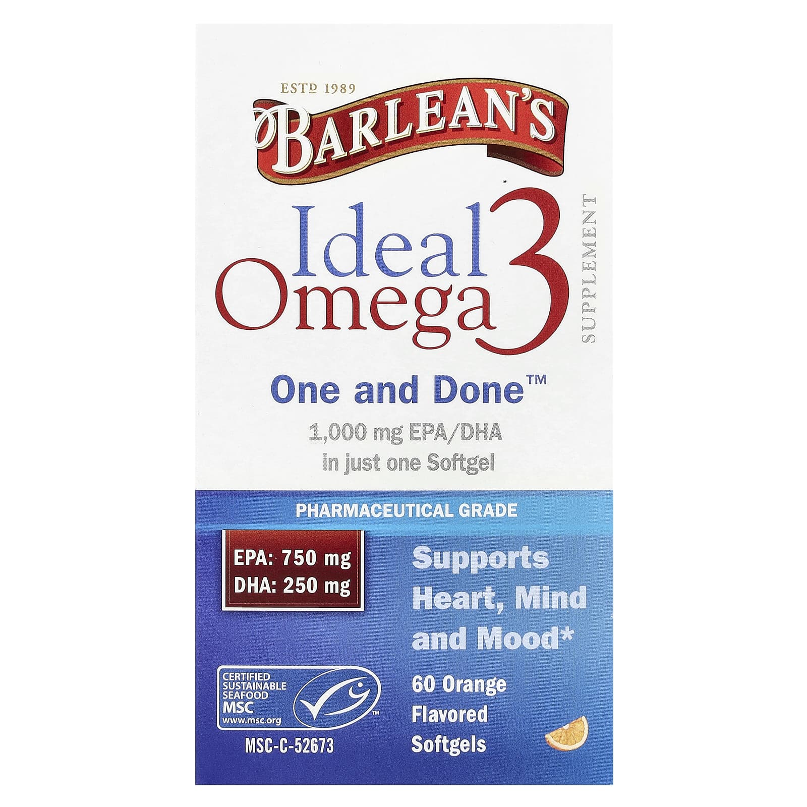 Barlean's, Ideal Omega 3, апельсин, 1000 мг EPA / DHA, 60 мягких таблеток