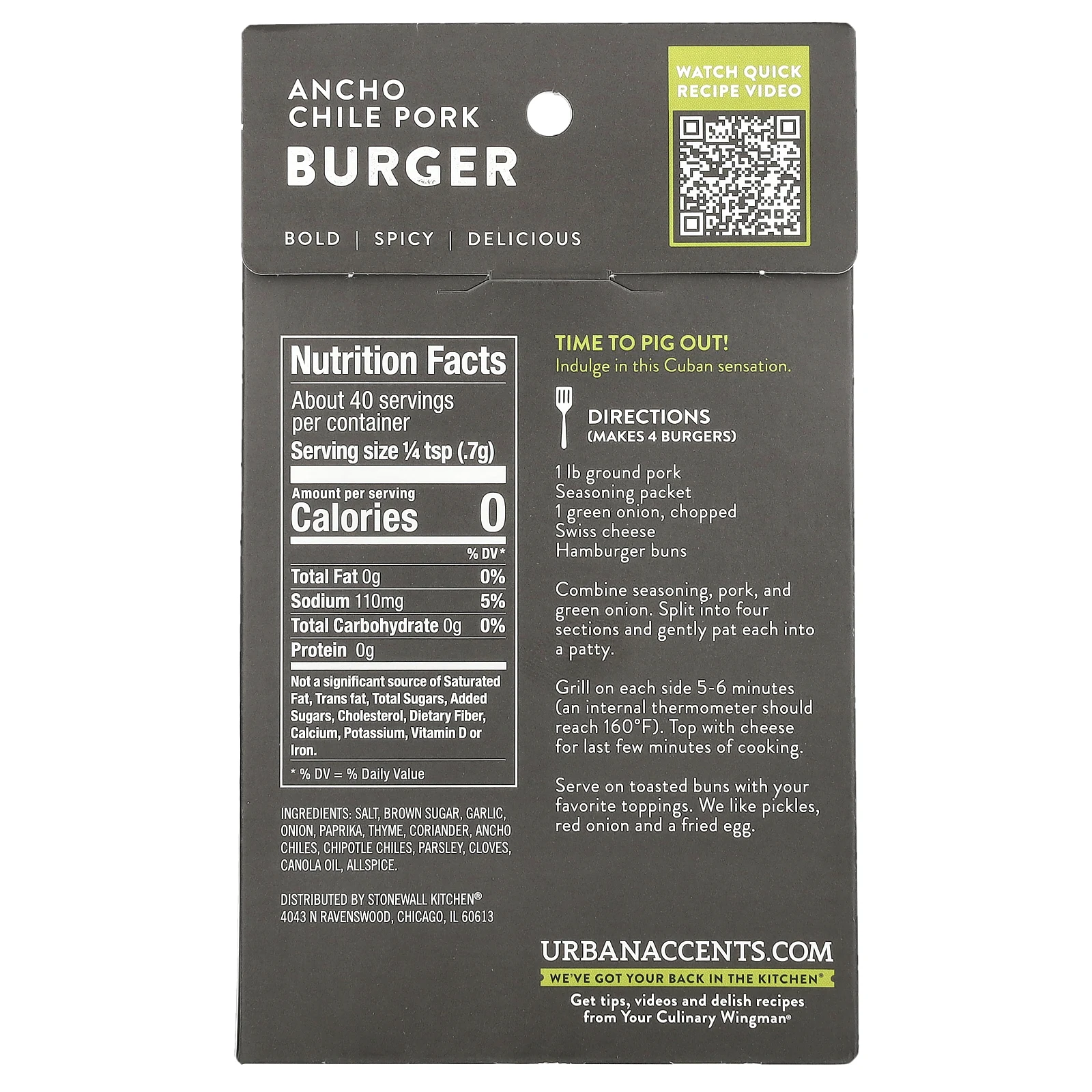 Urban Accents, Ancho Chile Pork Burger, смесь Smoky Sweet Chile, 28 г (1 унция)