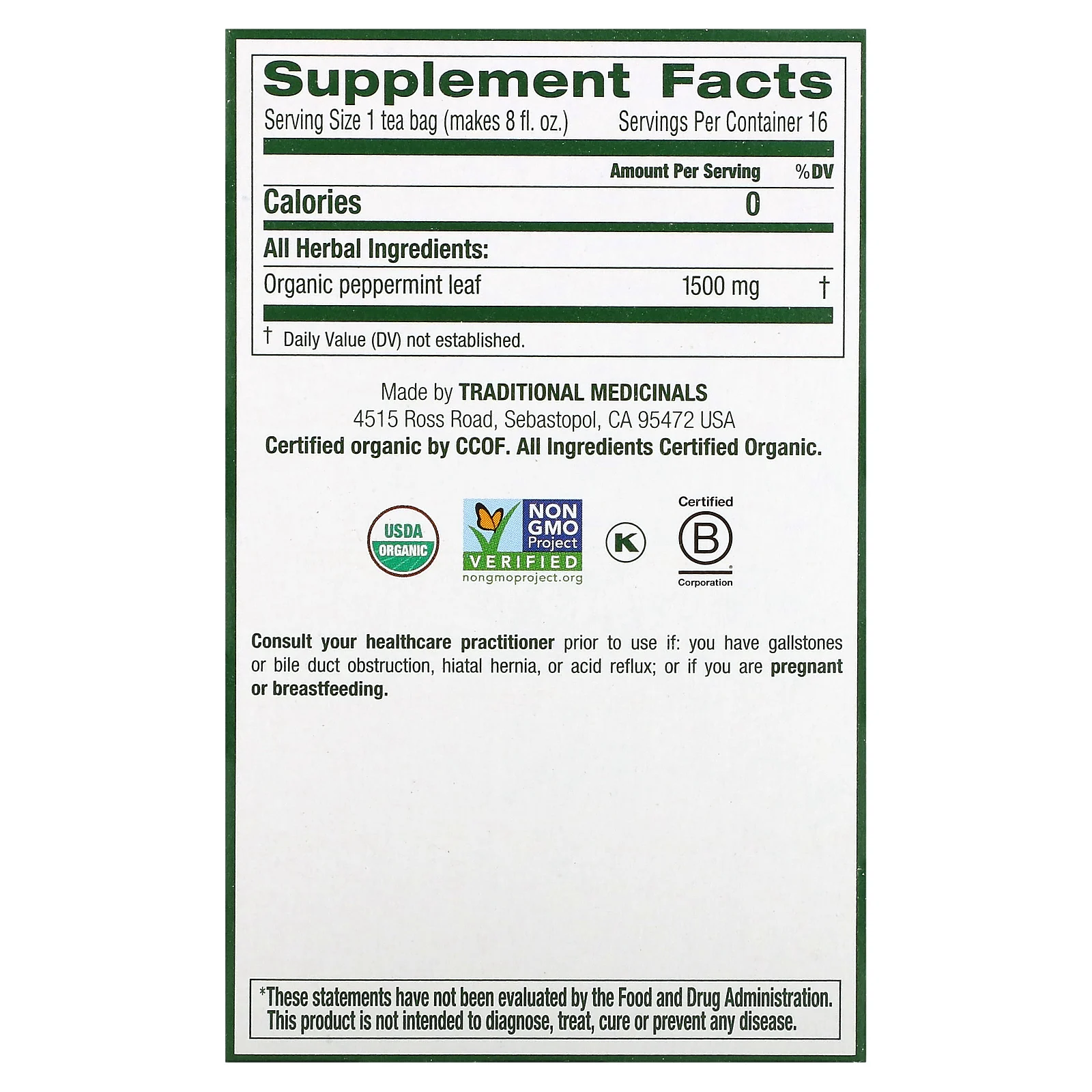Traditional Medicinals, органическая перечная мята, без кофеина, 16 чайных пакетиков, 24 г (0,85 унции)