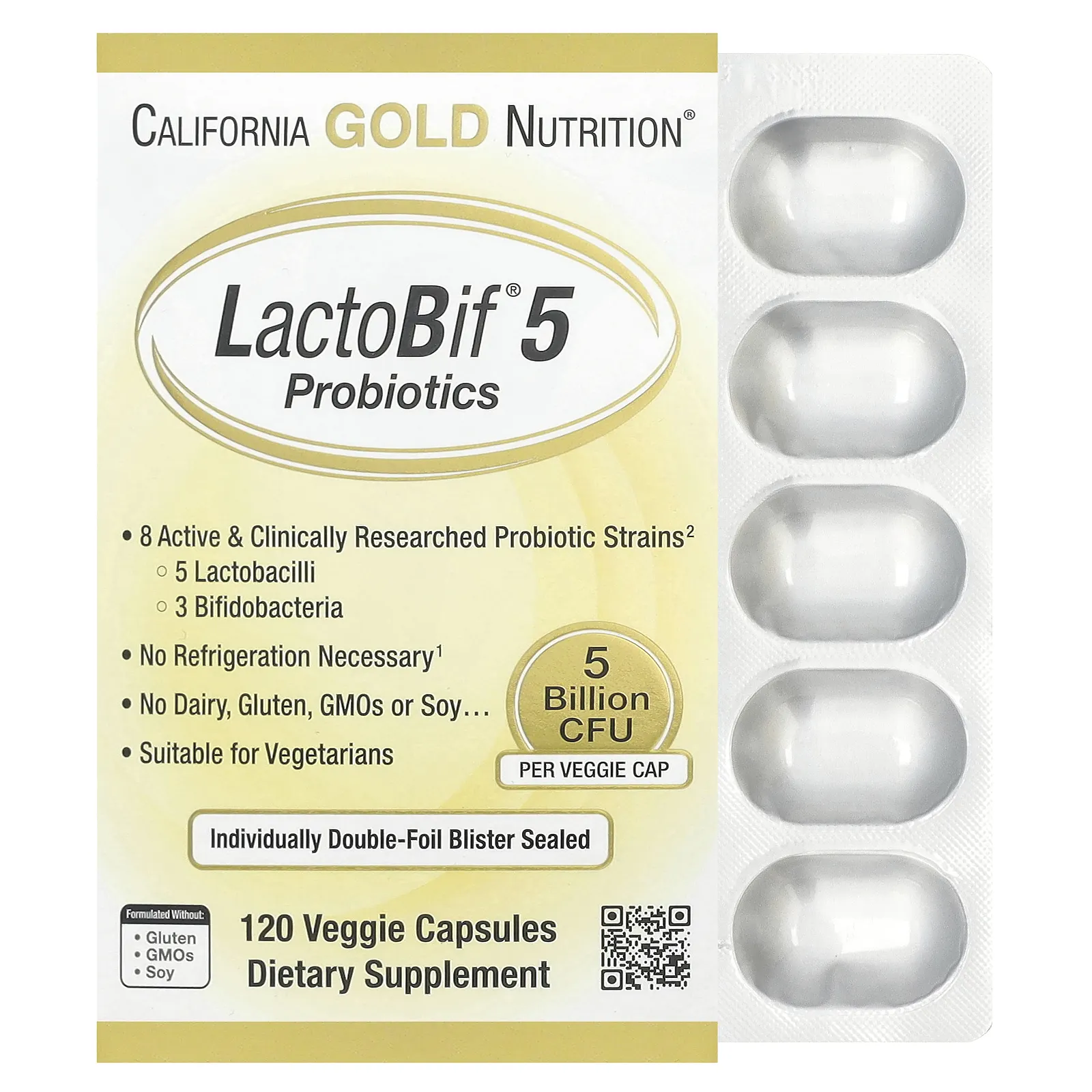 California Gold Nutrition, LactoBif® 5, пробиотики из 5 лактобактерий и 3 бифидобактерий, 5 млрд КОЕ, 120 растительных капсул