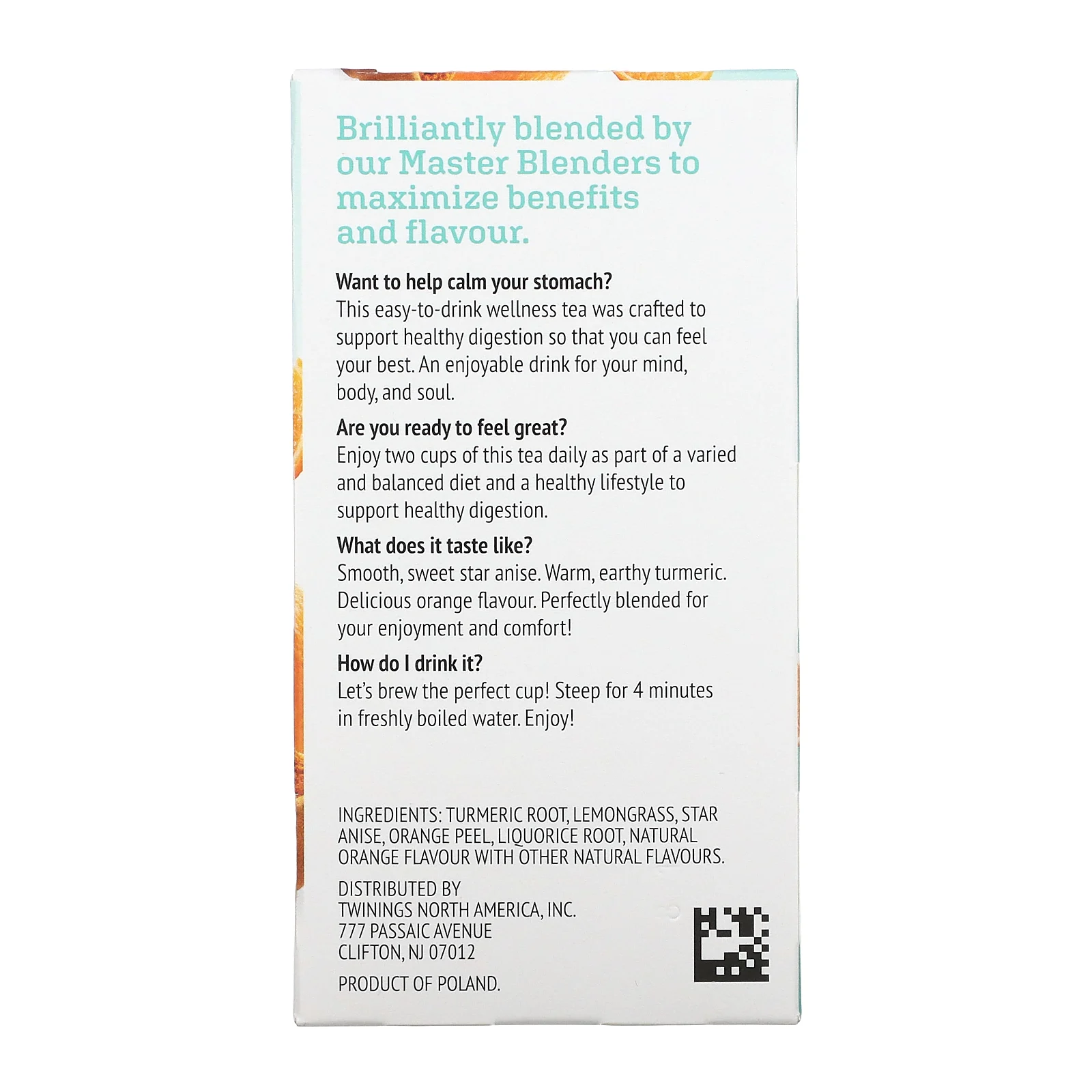 Twinings, Успокаивающий травяной чай, куркума, апельсин и анис звездчатый, без кофеина, 18 пакетиков по 1,27 унц. (36 г)