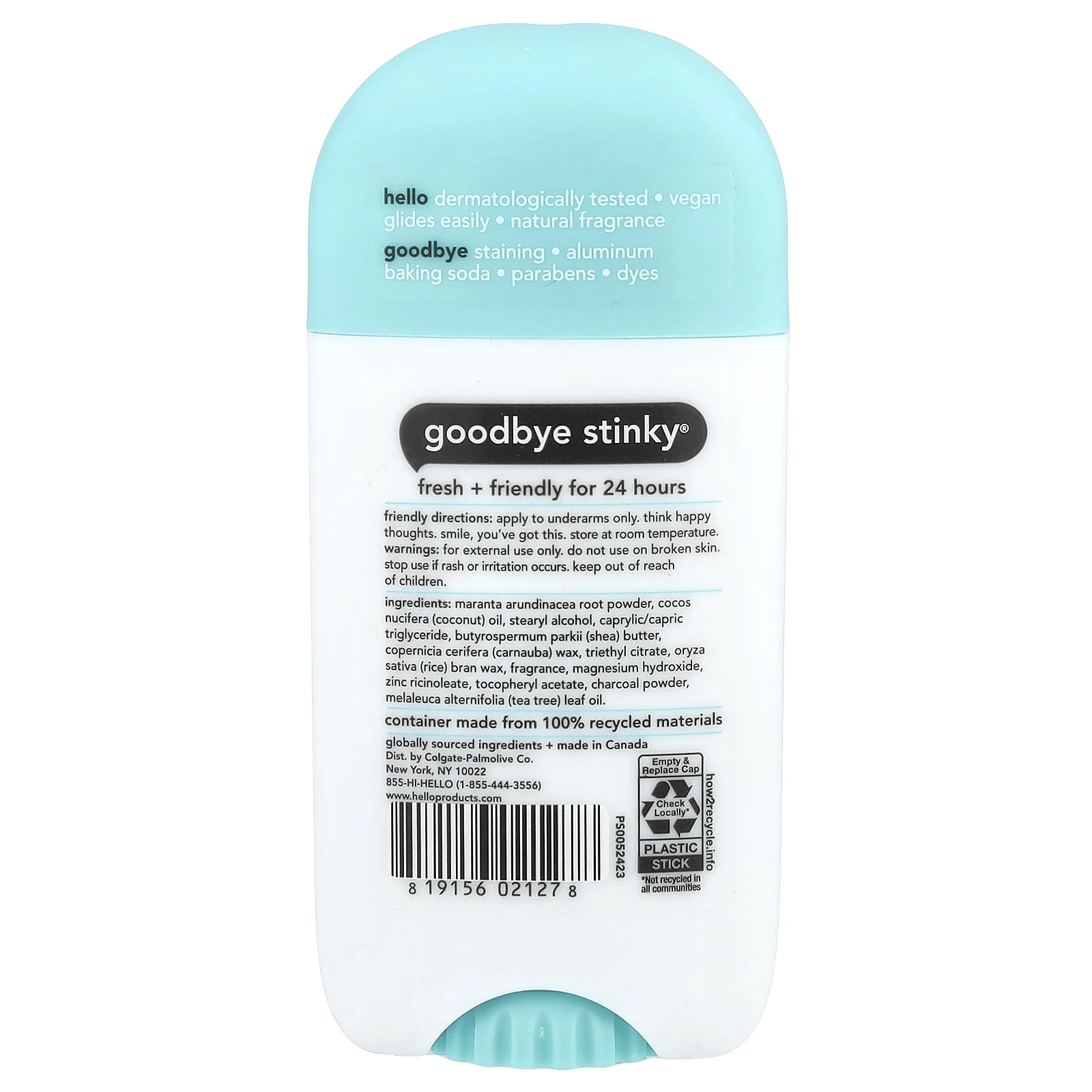 Hello, 24-часовой дезодорант с древесным углем, Clean + Fresh, 73 г (2,6 унции)