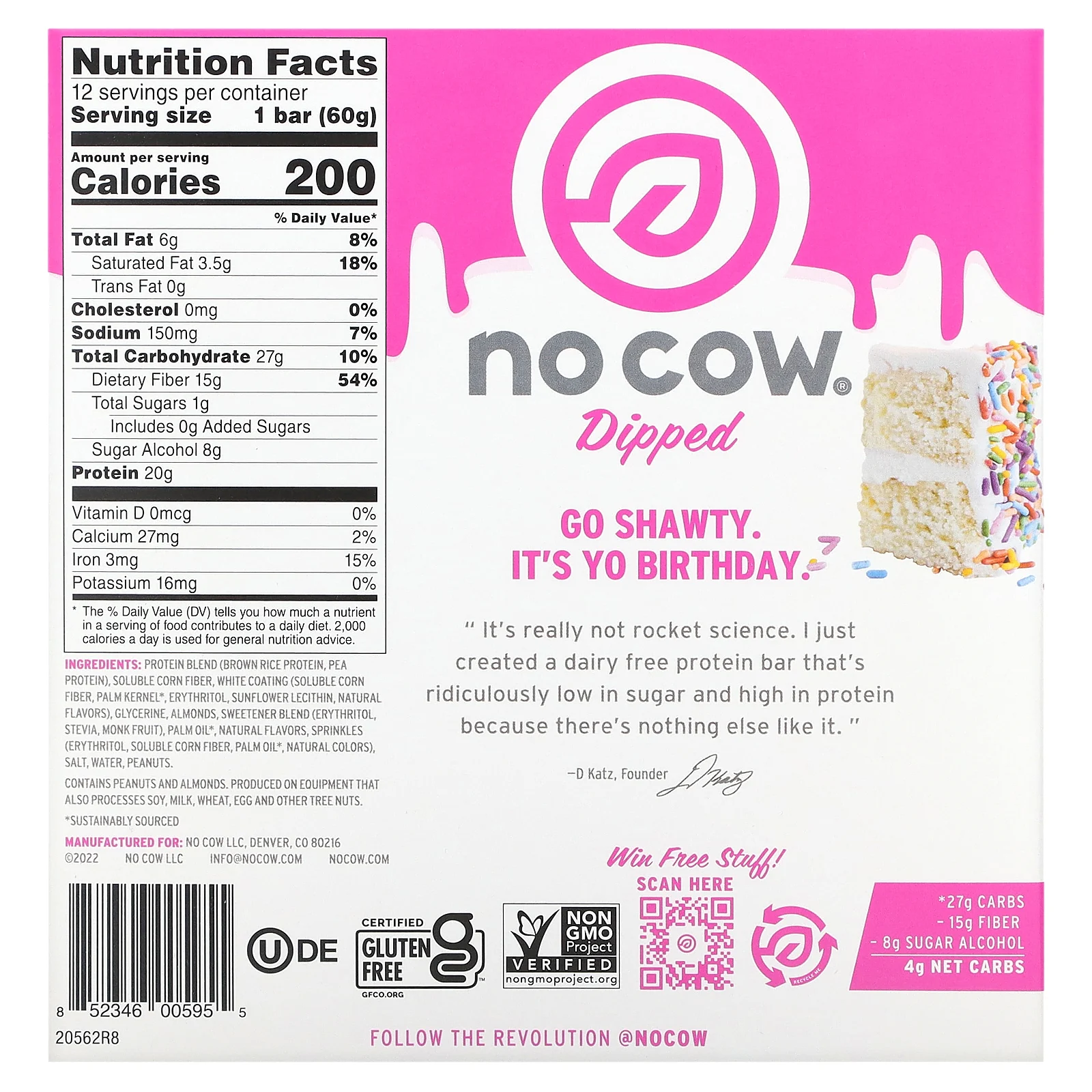 No Cow, протеиновый батончик в глазури, со вкусом праздничного торта, 12 батончиков по 60 г (2,12 унции)