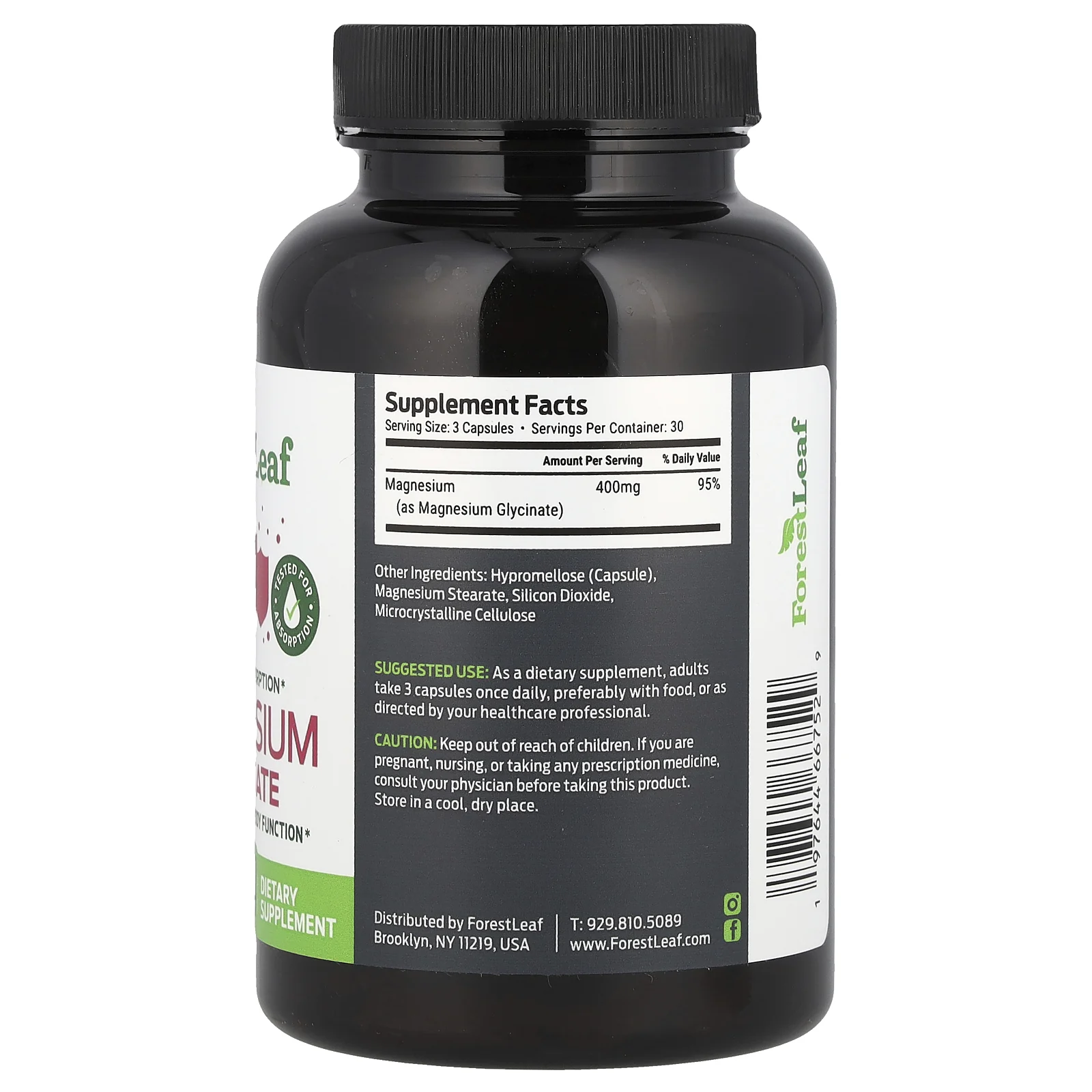 Forest Leaf, Глицинат магния, максимальное усвоение, 400 мг, 90 растительных капсул (133,3 мг на капсулу)
