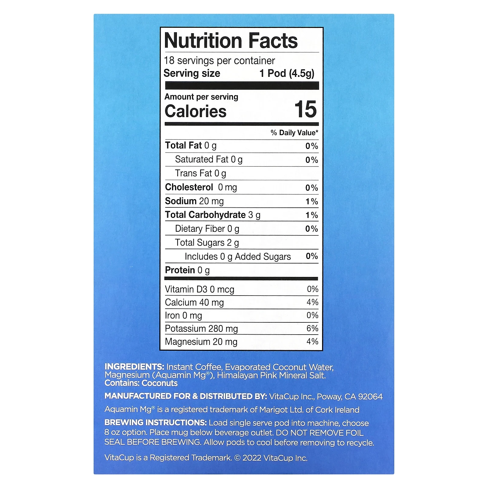 VitaCup, Hydration, кофе и электролиты, средней обжарки, 18 капсул по 4,5 г (0,16 унции)