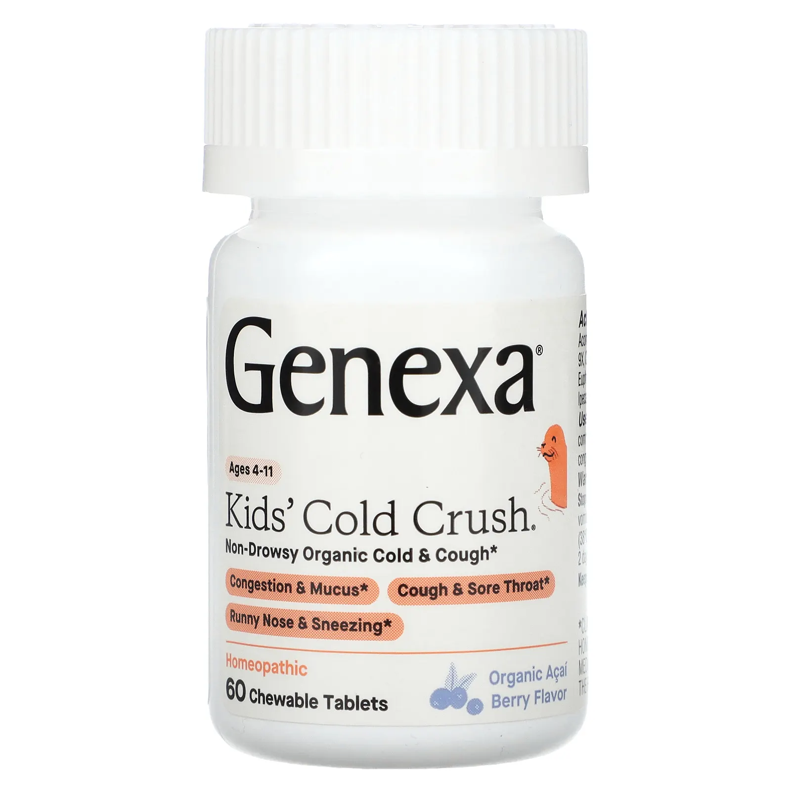 Genexa, Cold Crush, для детей от 4 до 11 лет, органические ягоды асаи, 60 жевательных таблеток
