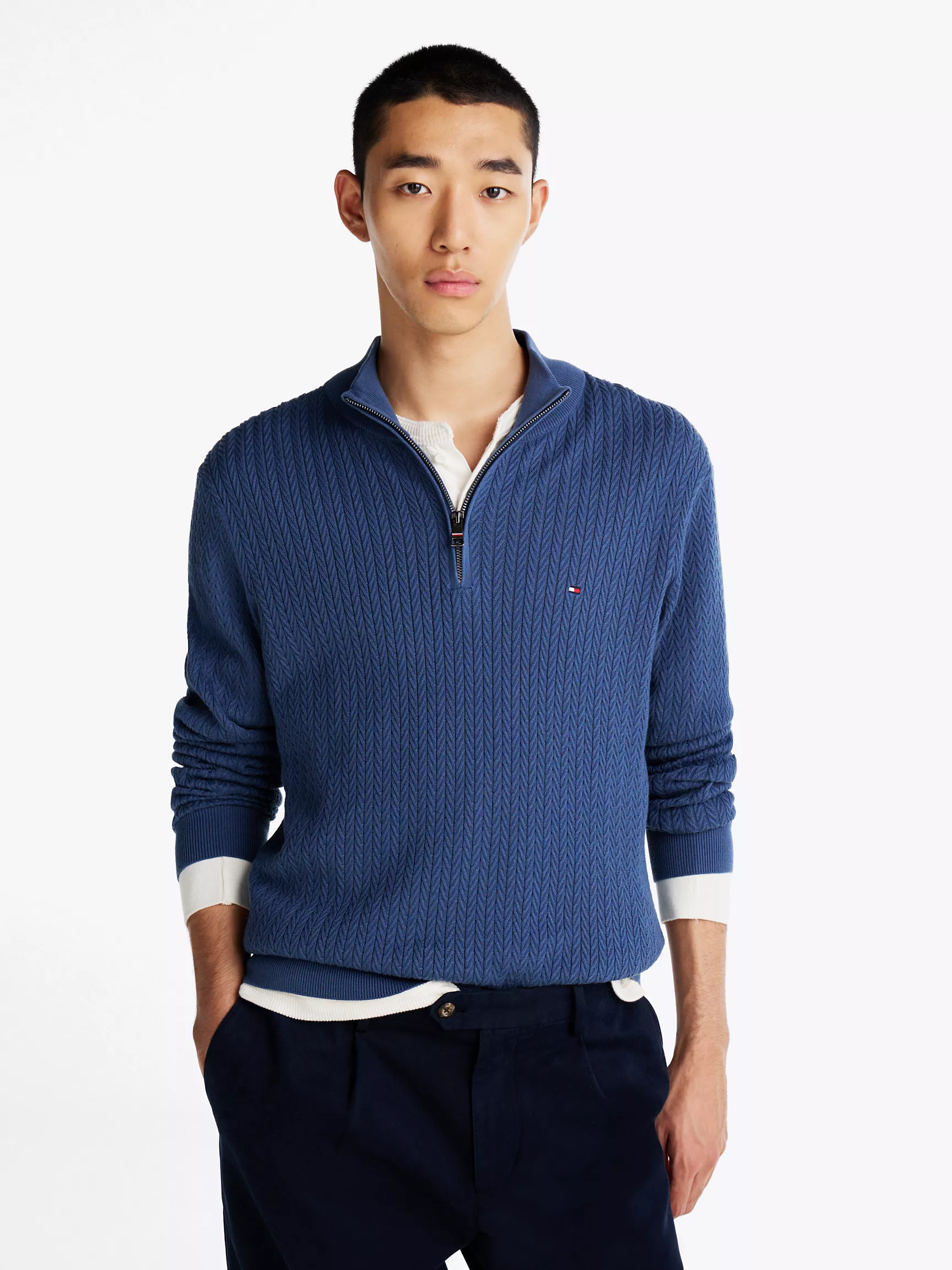 Мужской свитер Tommy Hilfiger, Вязаный свитер с узором "елочка" и молнией на четверть длины