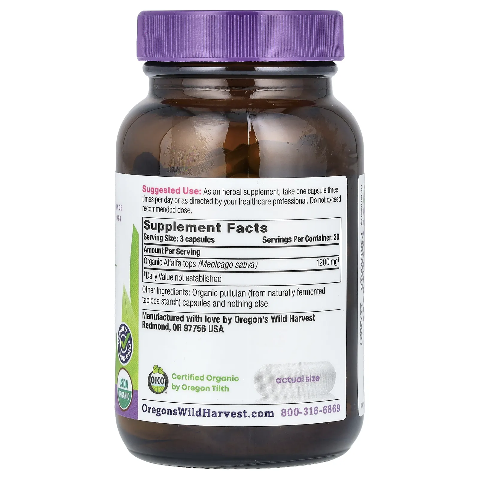 Oregon's Wild Harvest, органическая люцерна, 90 органических веганских капсул