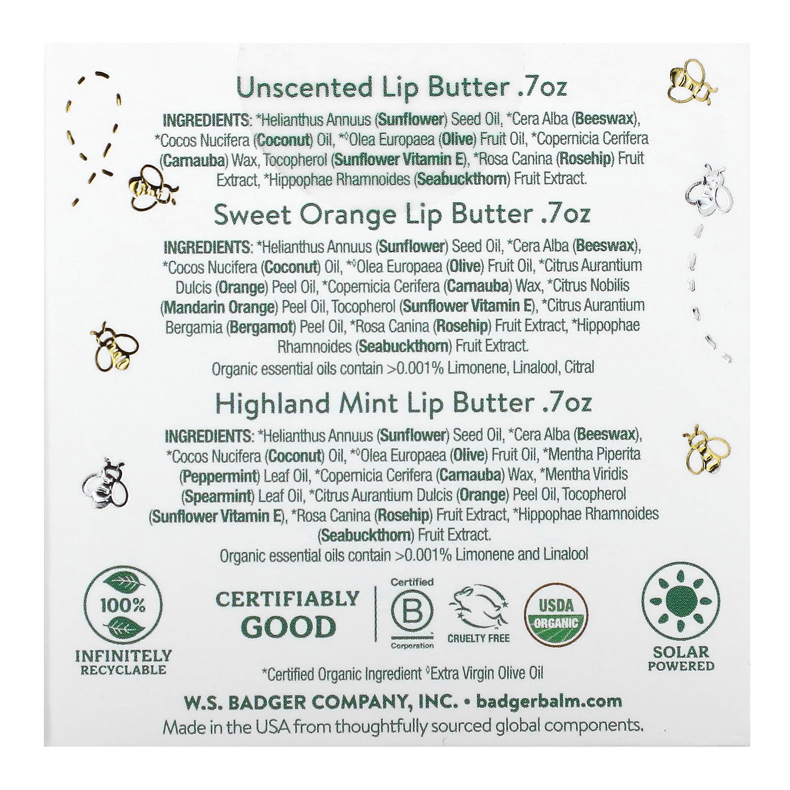 Badger Company, Lip Butter Tin Trio, набор из 3 предметов, 20 г (0,7 унции) в каждом