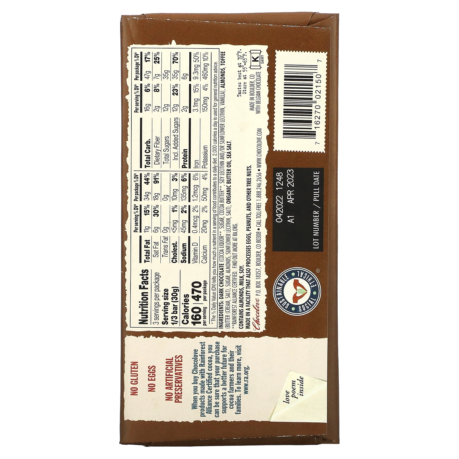 Chocolove, черный шоколад с миндалем, тоффи и морской солью, 55% какао, 90 г (3,2 унции)