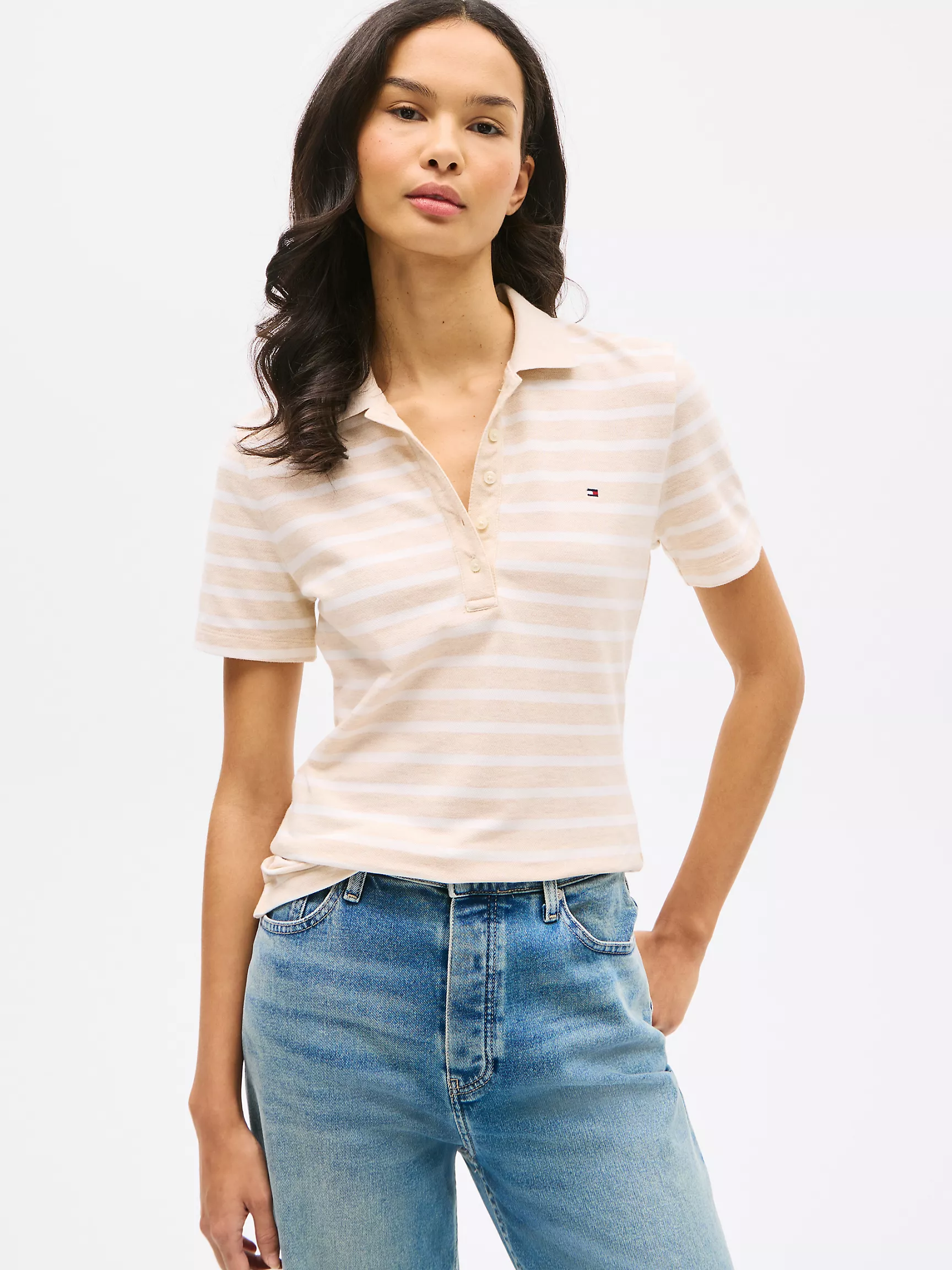 Женское поло Tommy Hilfiger, Приталенное полосатое эластичное хлопковое поло