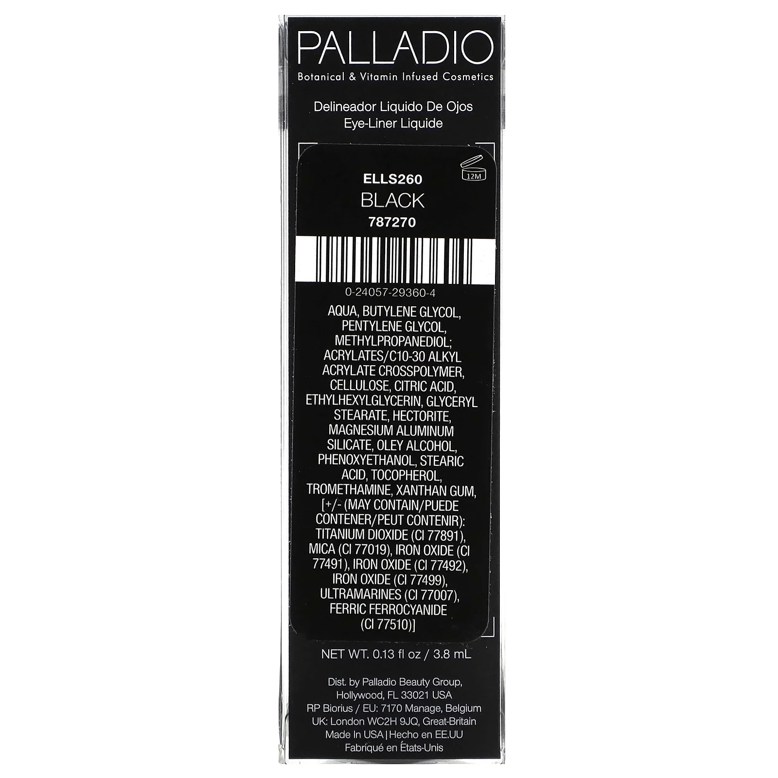 Palladio, жидкая подводка для глаз, черная ELLS260, 3,8 мл (0,13 жидк. унции)