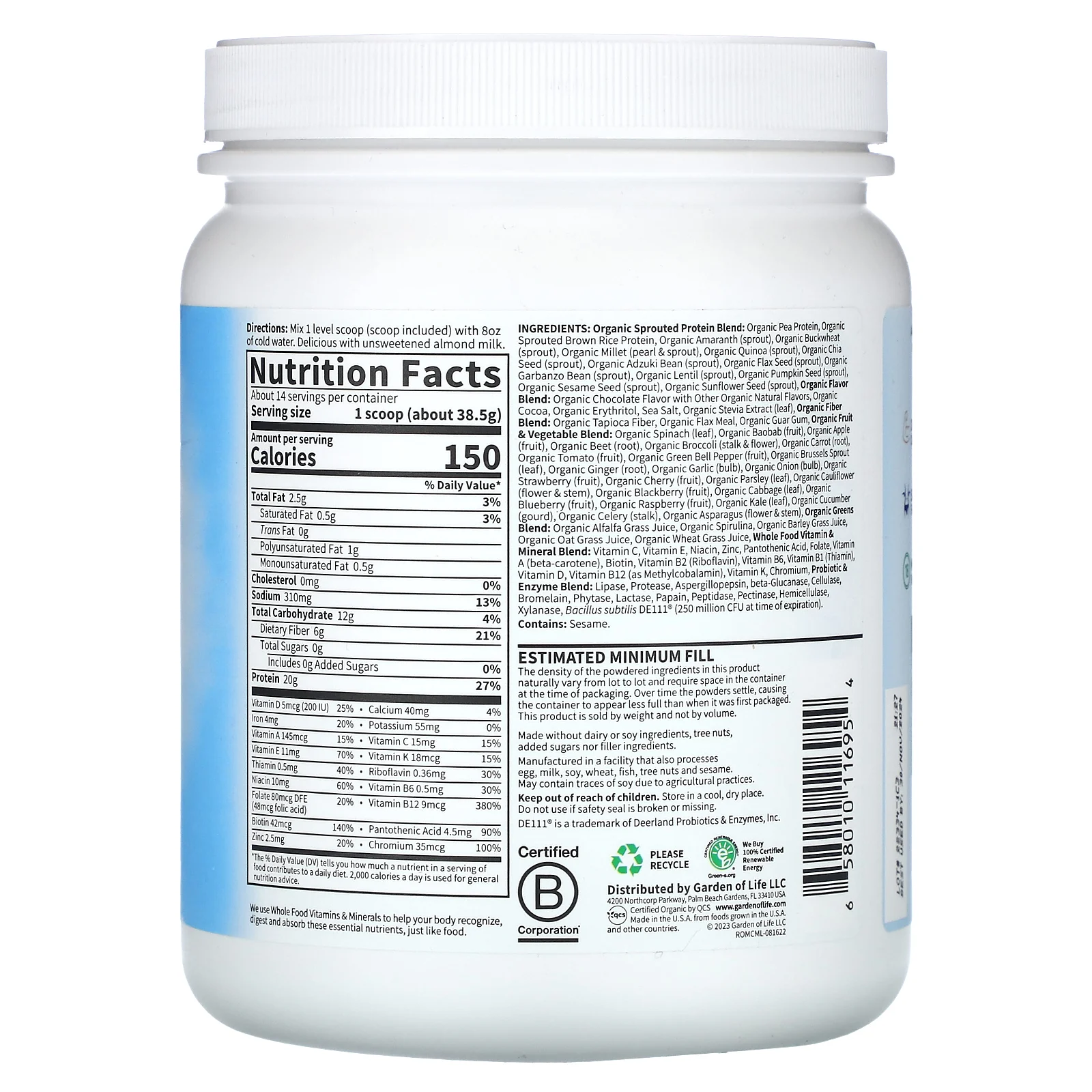 Garden of Life, сырая органическая закуска, органический заменитель коктейлей и пищи, шоколадное какао, 509 г (1 фунт 2 унции)