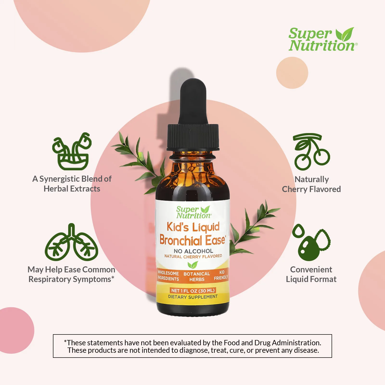 Super Nutrition, Kid's Liquid Bronchial Ease, без спирта, вишня, 30 мл (1 жидк. унция)