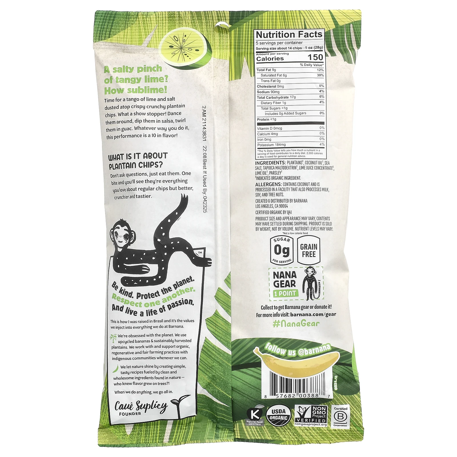 Barnana, Органические чипсы подорожника, лайм Акапулько, 140 г (5 унций)