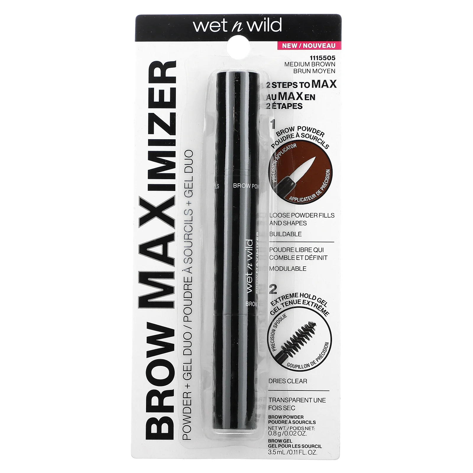 wet n wild, Brow Maximizer, пудра + гель Duo, коричневый цвет, пудра - 0,8 г (0,02 унции), гель - 3,5 мл (0,11 жидк. Унции)