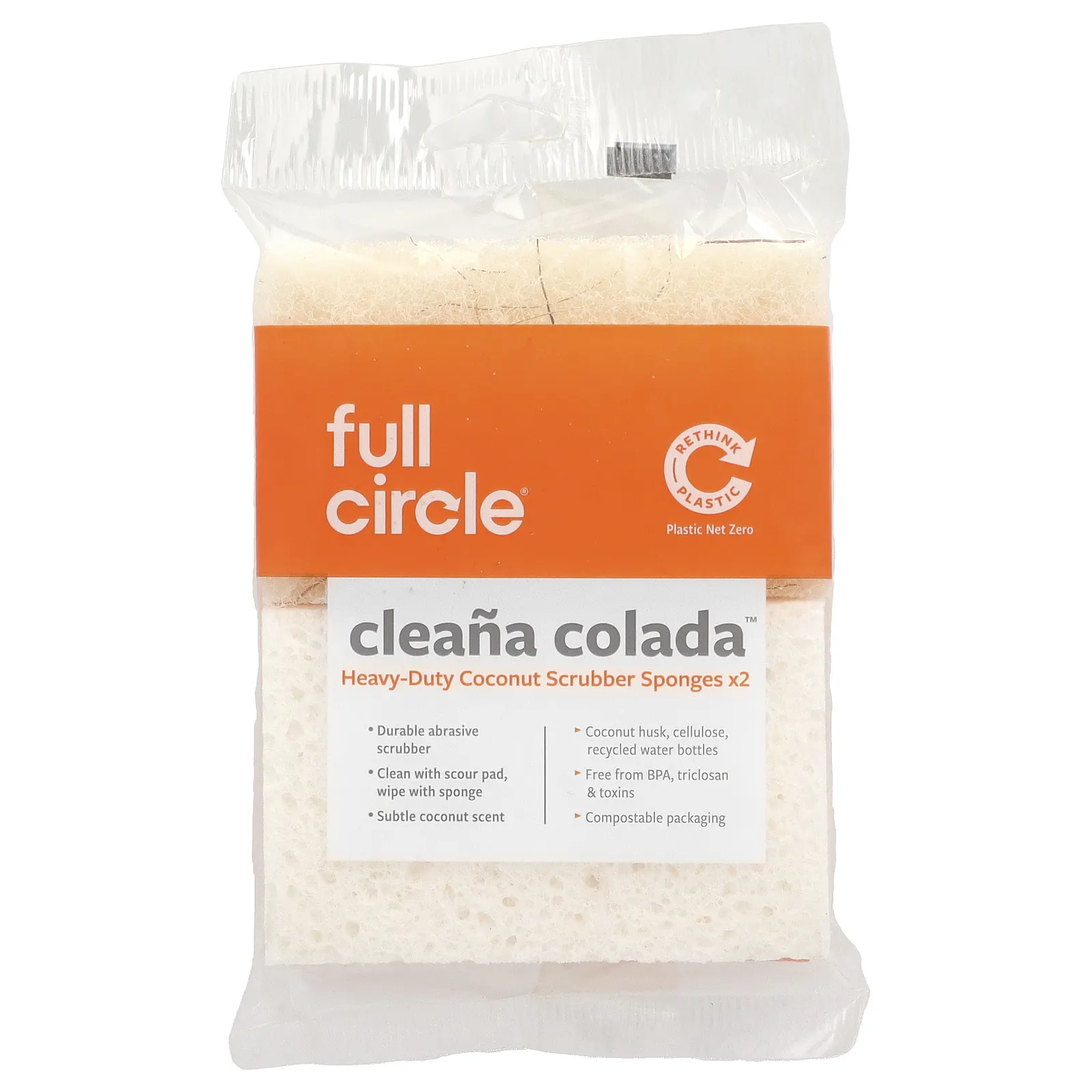 Full Circle Home LLC, Cleana Colada, усиленные губки для мытья посуды с кокосом, 2 упаковки