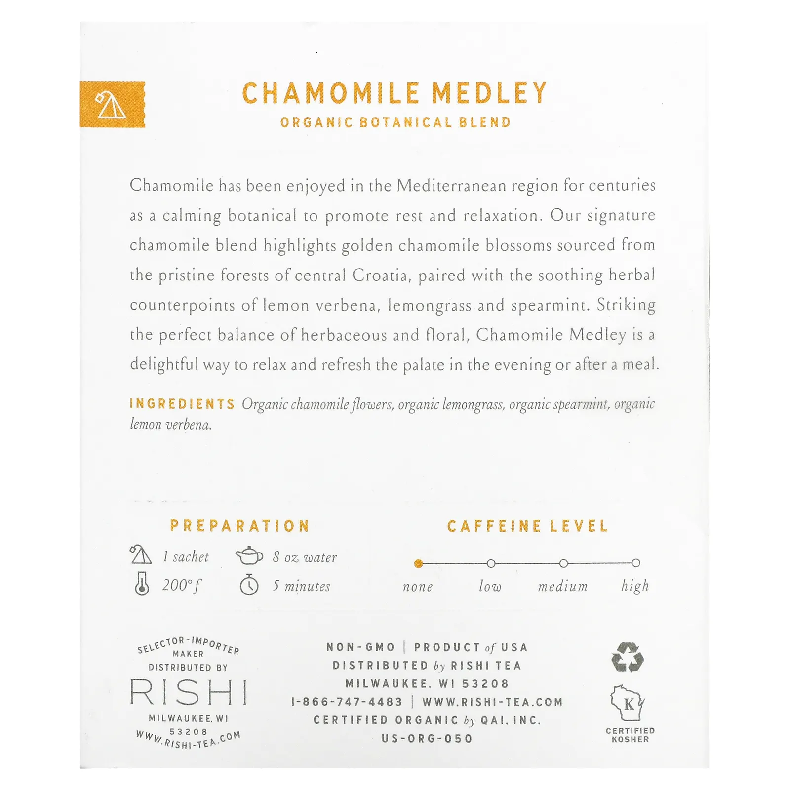 Rishi Tea, Органический травяной чай, смесь ромашки, без кофеина, 15 пакетиков, 0,95 унции (27 г)