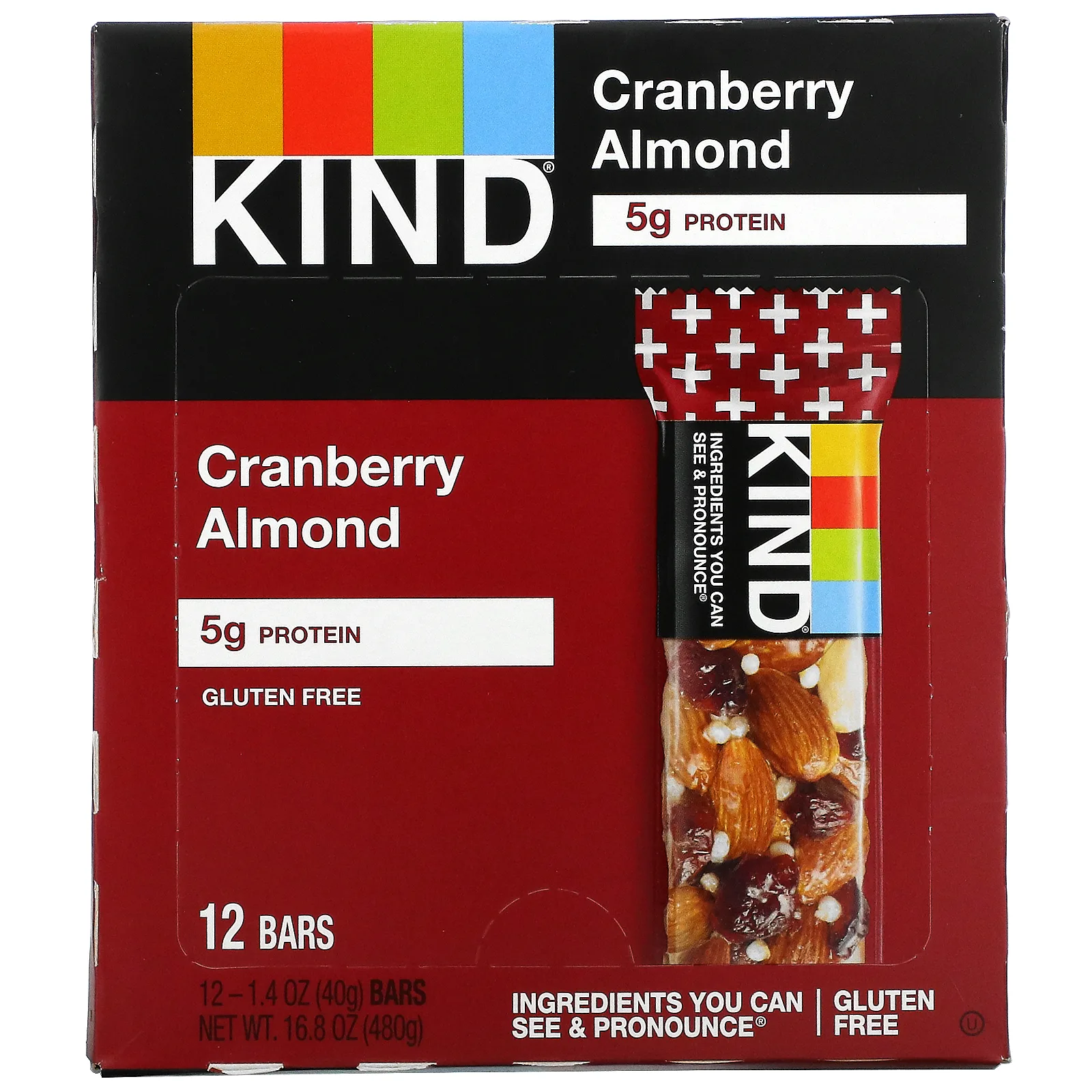 KIND Bars, Kind BARS, батончики с клюквой и миндалем, 12 батончиков, по 40 г (1,4 унции)