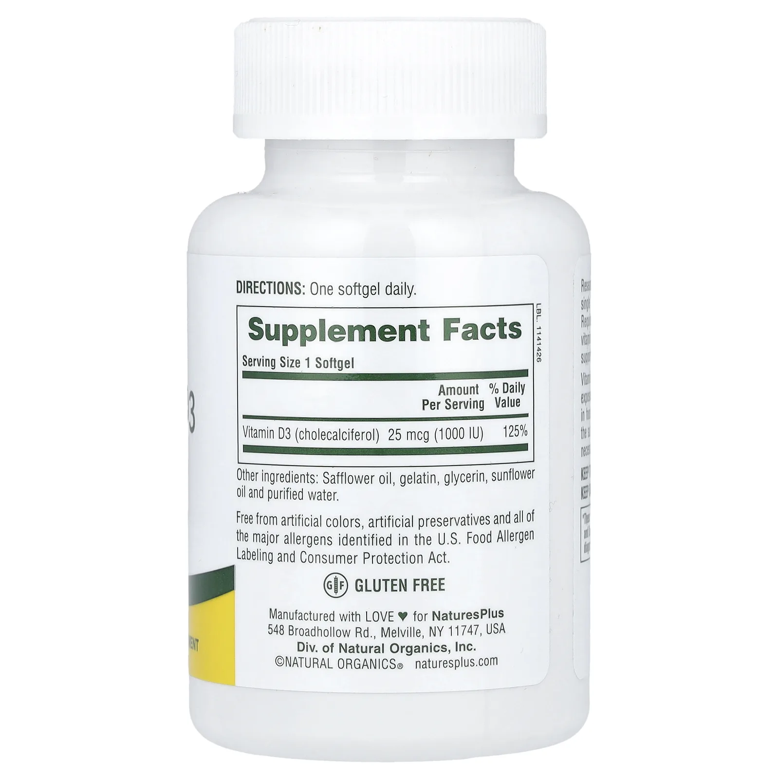 NaturesPlus, Витамин D3, 25 мкг (1000 МЕ), 180 капсул
