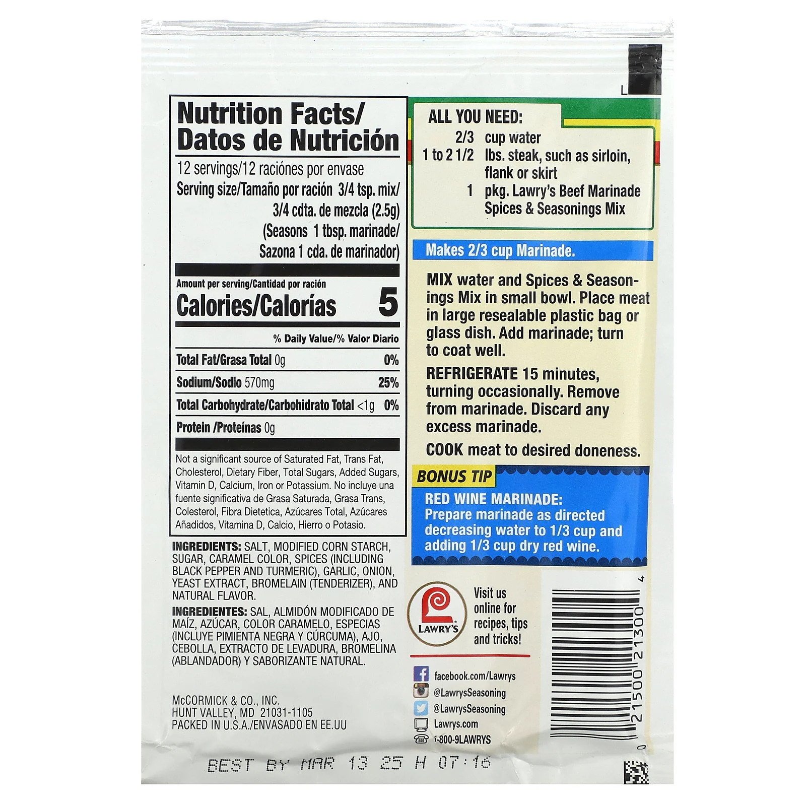 Lawry's, маринад для говядины, смесь специй и приправ, 30 г (1,06 унции)
