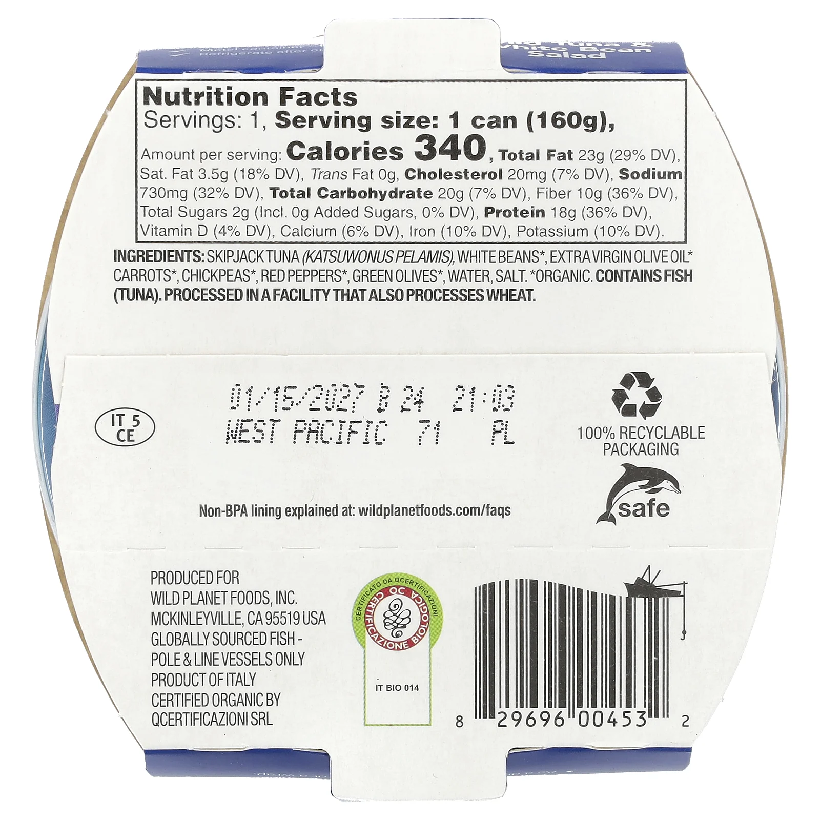 Wild Planet, Салат из белой фасоли с диким тунцом, 160 г (5,6 унции)